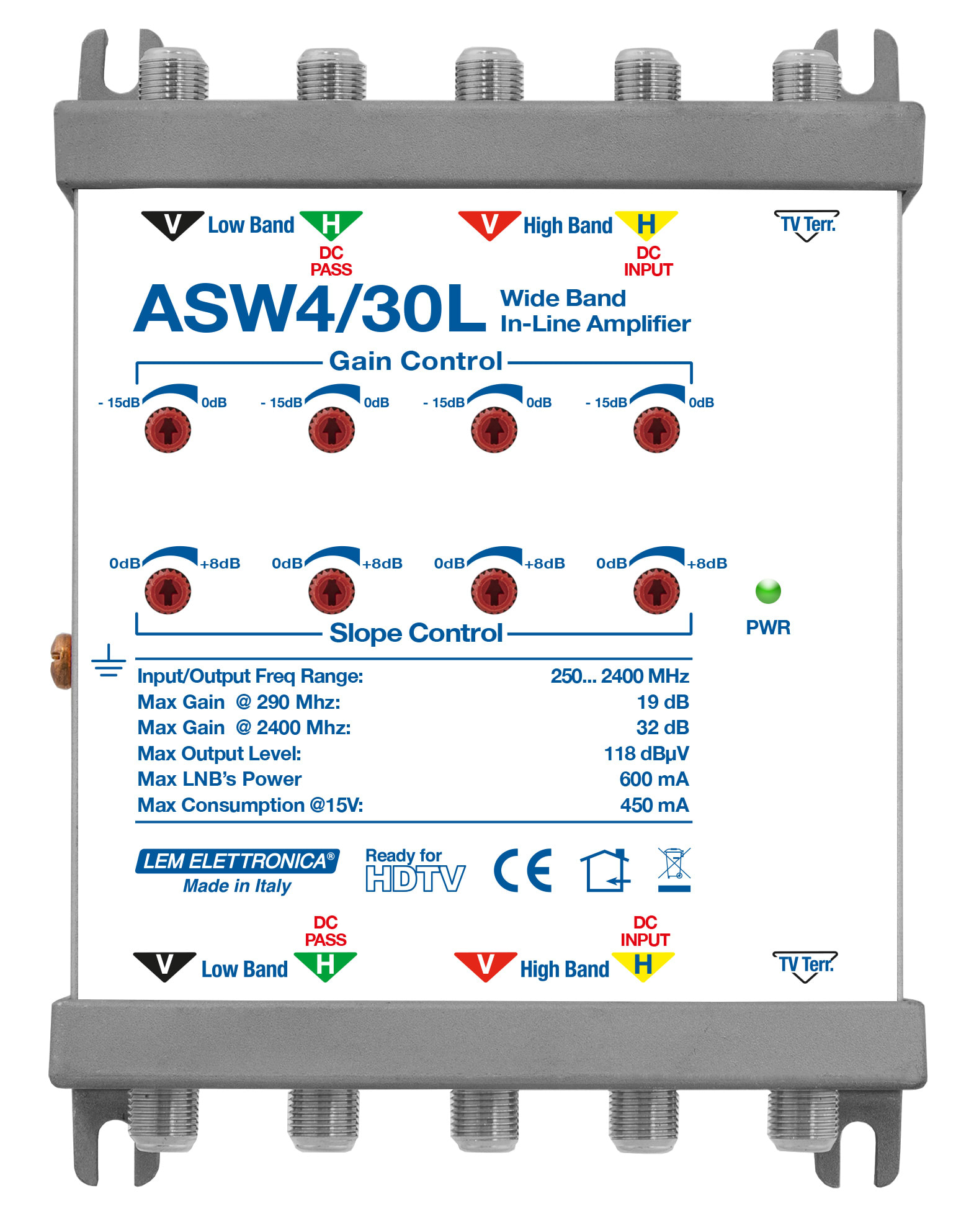 LEM ELETTRONICA - Amplificatore di linea ASW4/30L Wide Band, 4 ingressi SAT (doppio Satellite LNB Wide Band) e 1 ingresso Terrestre passivo, alimentazione coassiale, guadagno (Max.32 dB) e pendenza slope regolabili