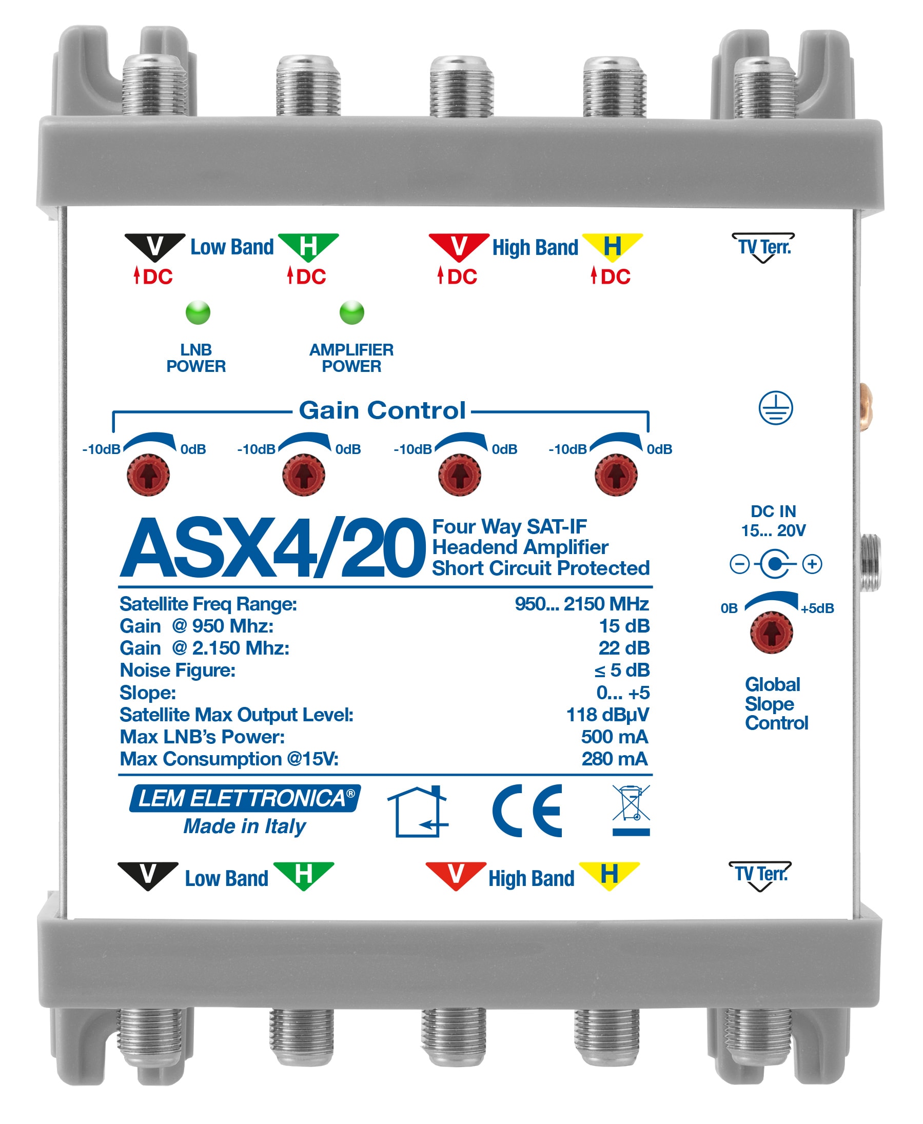 LEM ELETTRONICA - Amplificatore di testa ASX4/20 IF-SAT con 4 ingressi SAT (singolo Satellite LNB QUATTRO) e 1 ingresso Terrestre passivo, guadagno (Max. 22dB) e pendenza slope regolabili.