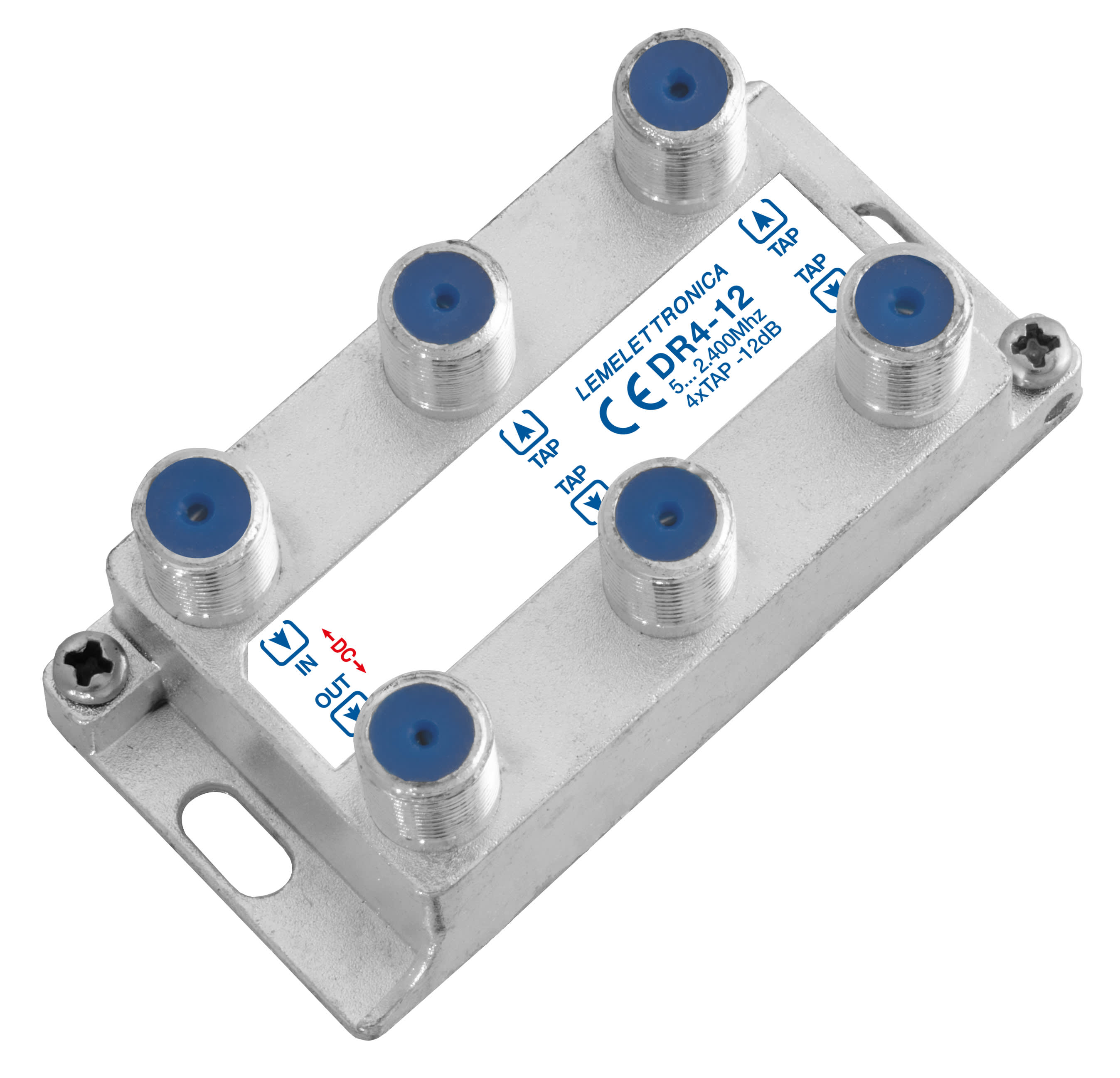 LEM ELETTRONICA - Derivatore verticale DR4-12 a 4 vie, connettori F, banda passante 5…2.400Mhz, perdita di derivazione 12dB.