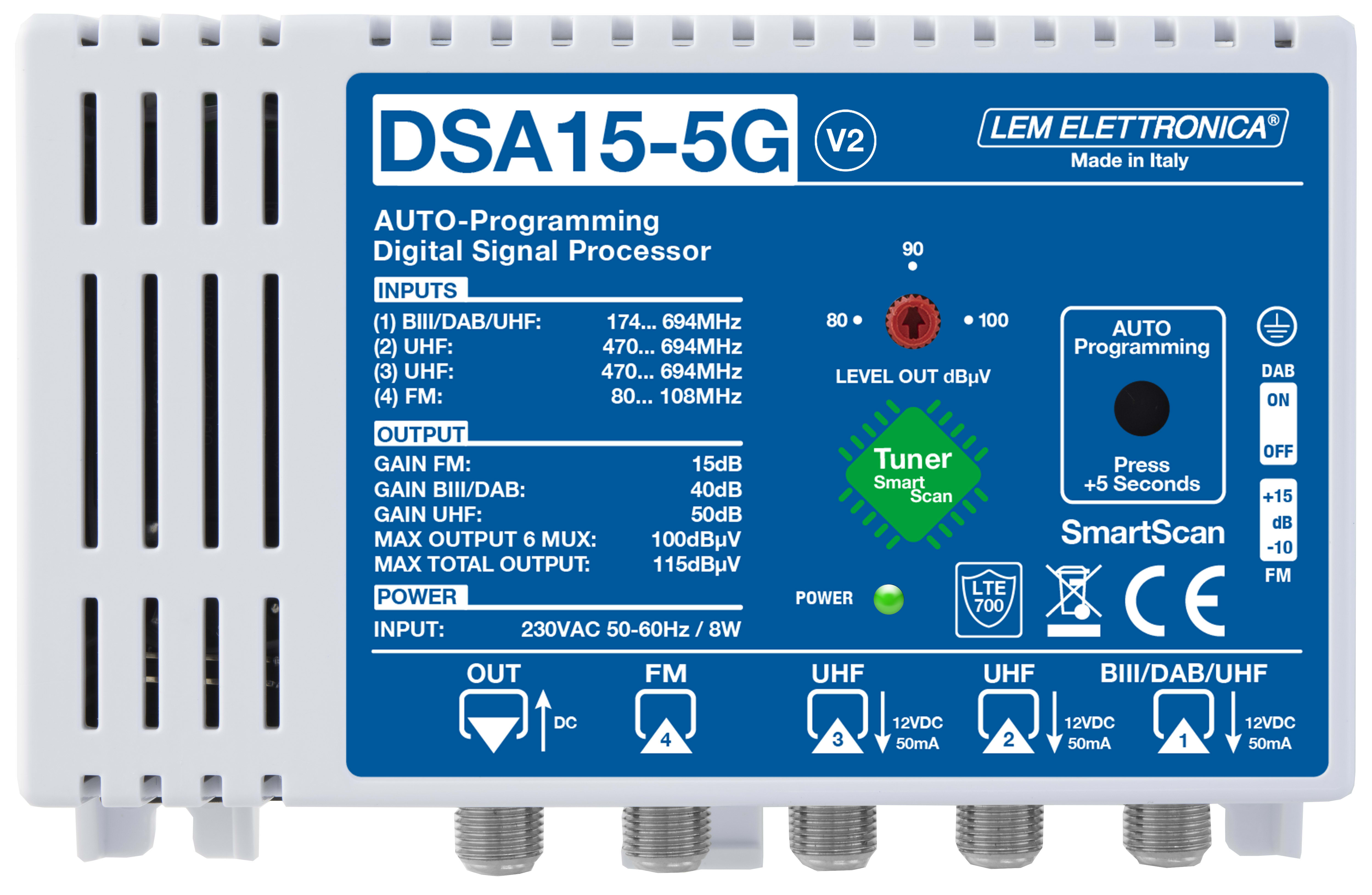 LEM ELETTRONICA - Centrale TV programmabile DSA15-5G con 4 ingressi UHF/VHF, 32 filtri digitali e livello di uscita totale max. 115dBuV. Autoprogrammazione tramite Tuner.