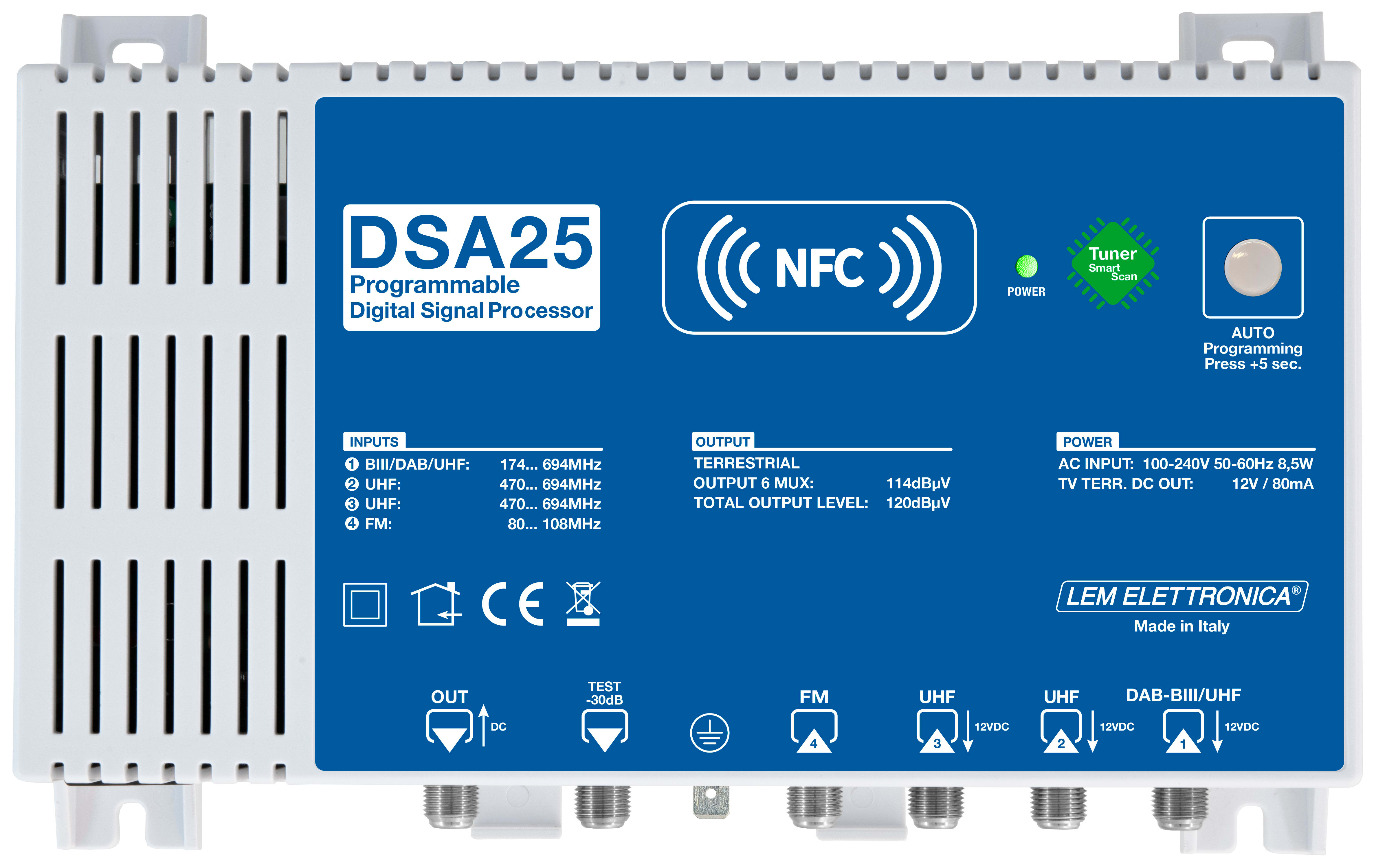 LEM ELETTRONICA - Centrale TV programmabile DSA25 con 4 ingressi UHF/VHF, 32 filtri digitali e livello di uscita totale max. 120dBuV. Autoprogrammazione tramite Tuner.