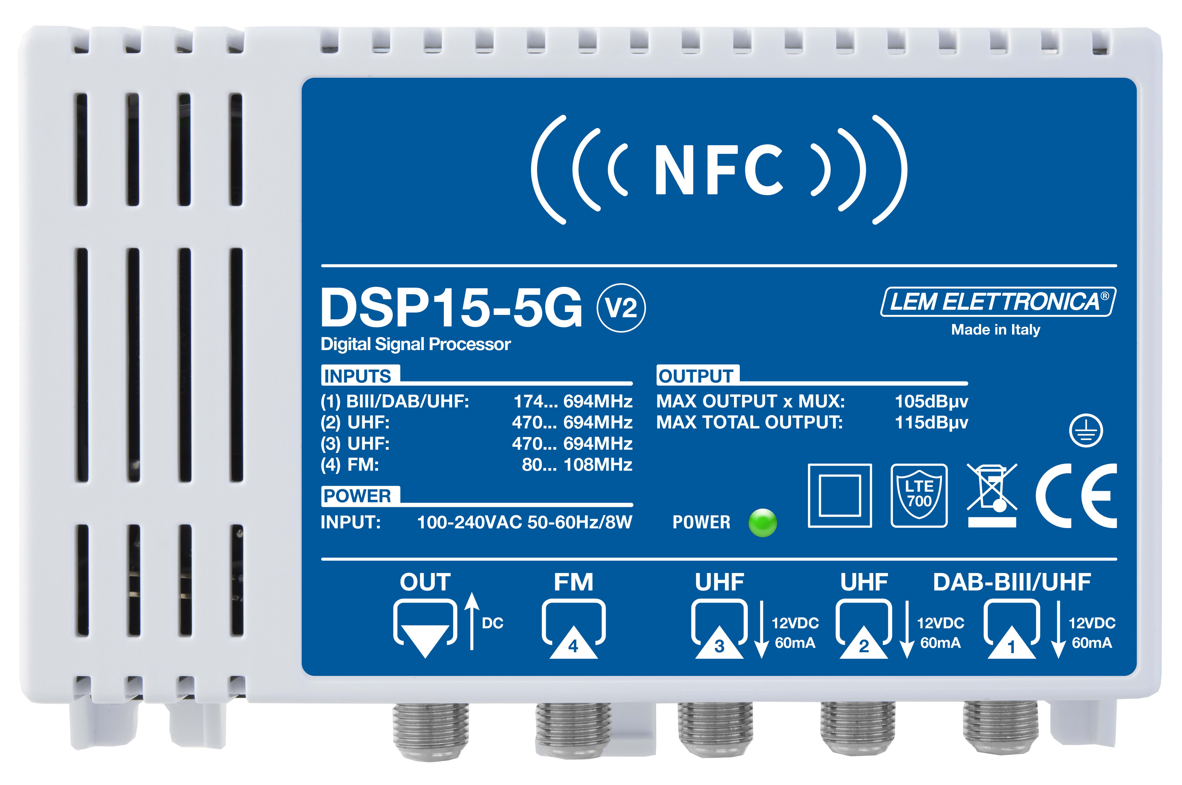 LEM ELETTRONICA - Centrale TV programmabile DSP15-5G con 4 ingressi UHF/VHF, 32 filtri digitali e livello di uscita totale max. 115dBuV. Programmazione da applicazione Android e Apple iOS.