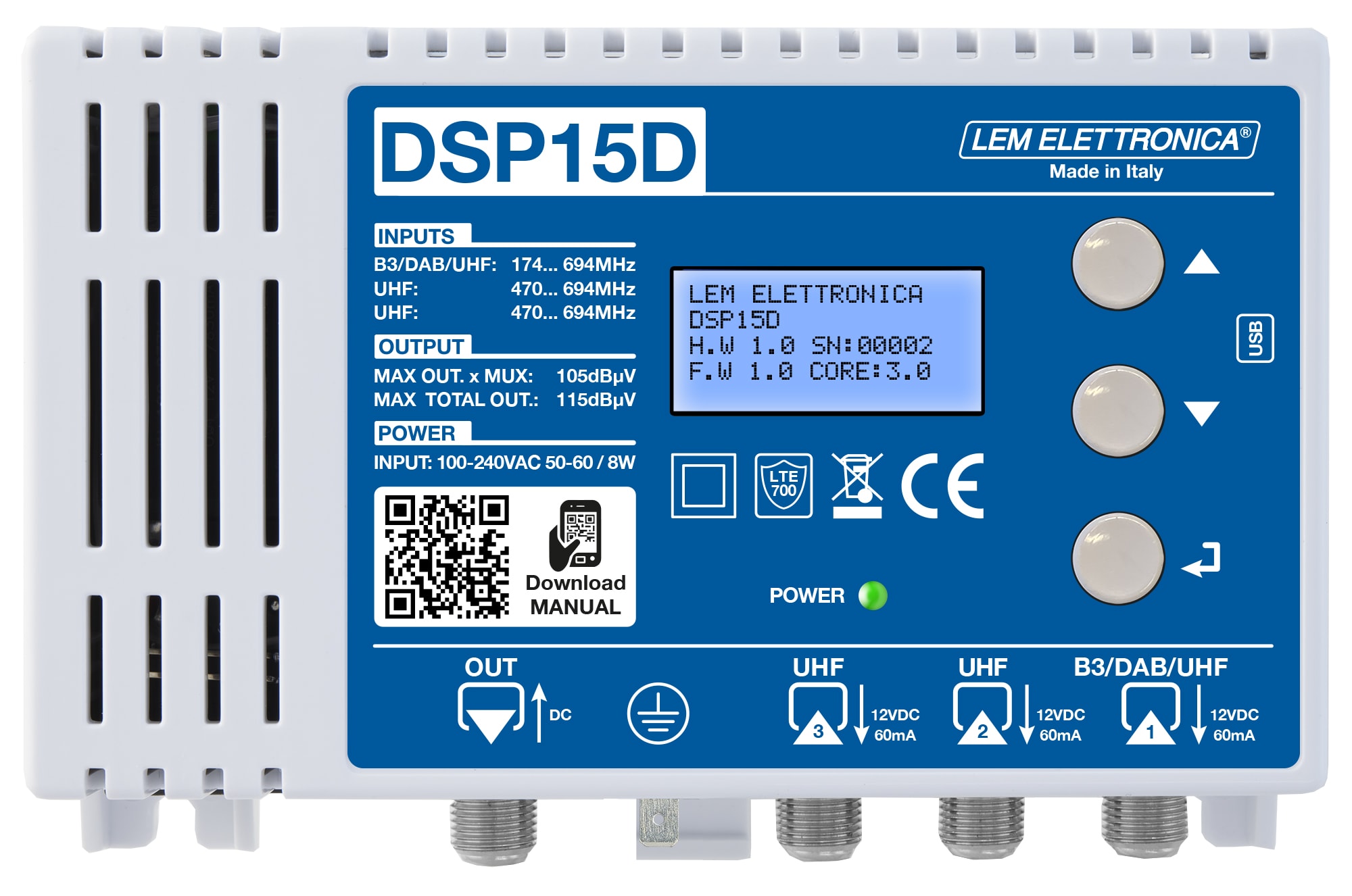 LEM ELETTRONICA - Centrale TV programmabile DSP15D con 3 ingressi UHF/VHF, 32 filtri digitali e livello di uscita totale max. 115dBuV. Programmazione da display. DSP15D