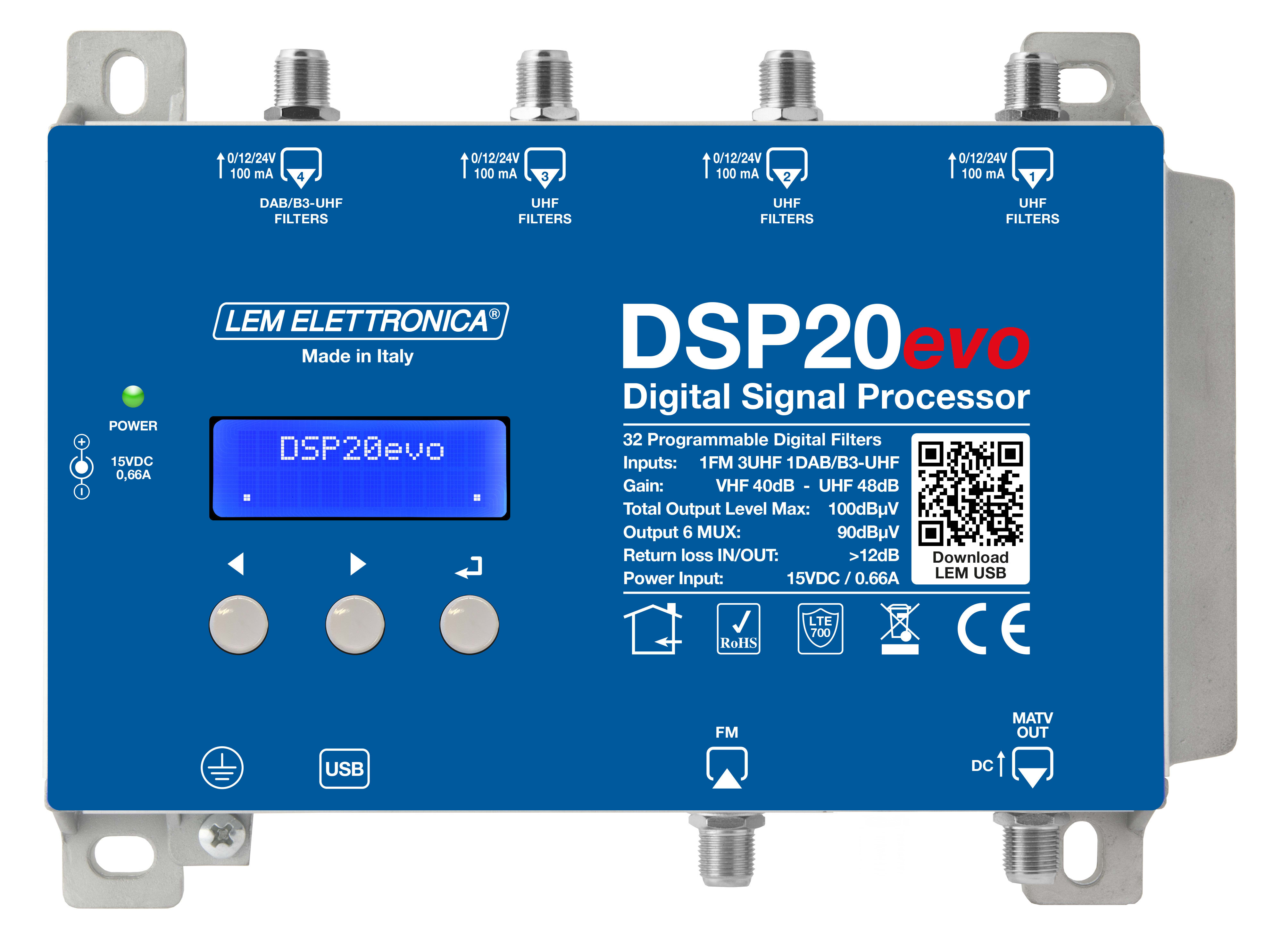 LEM ELETTRONICA - Centrale TV programmabile DSP20evo con 5 ingressi UHF/VHF, 32 filtri digitali e livello di uscita totale max. 100dBuV. Programmazione da display e da applicazione Android e Windows.