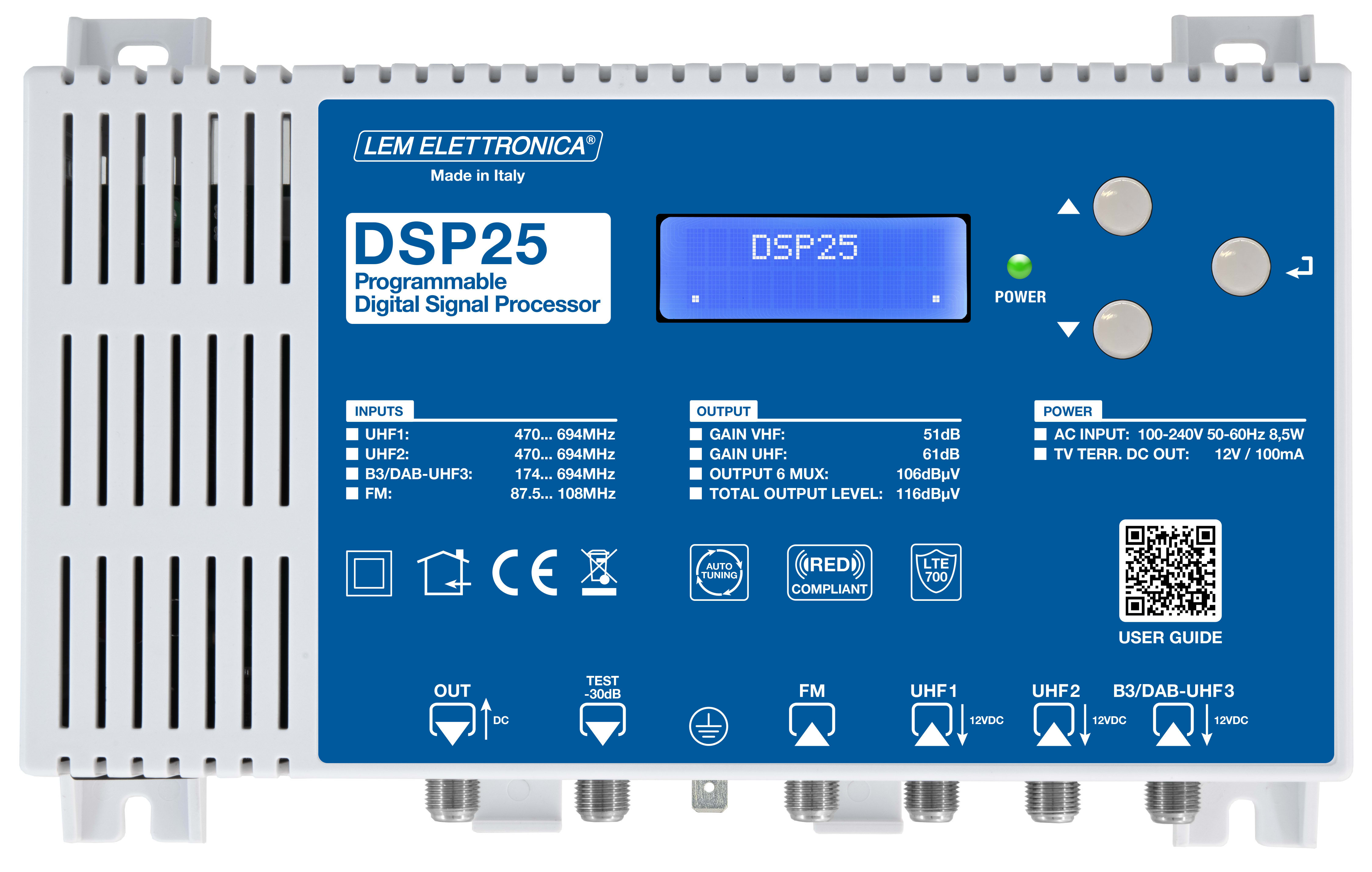 LEM ELETTRONICA - Centrale TV programmabile DSP25 con 4 ingressi UHF/VHF, 32 filtri digitali e livello di uscita totale max. 116dBuV. Programmazione da display.