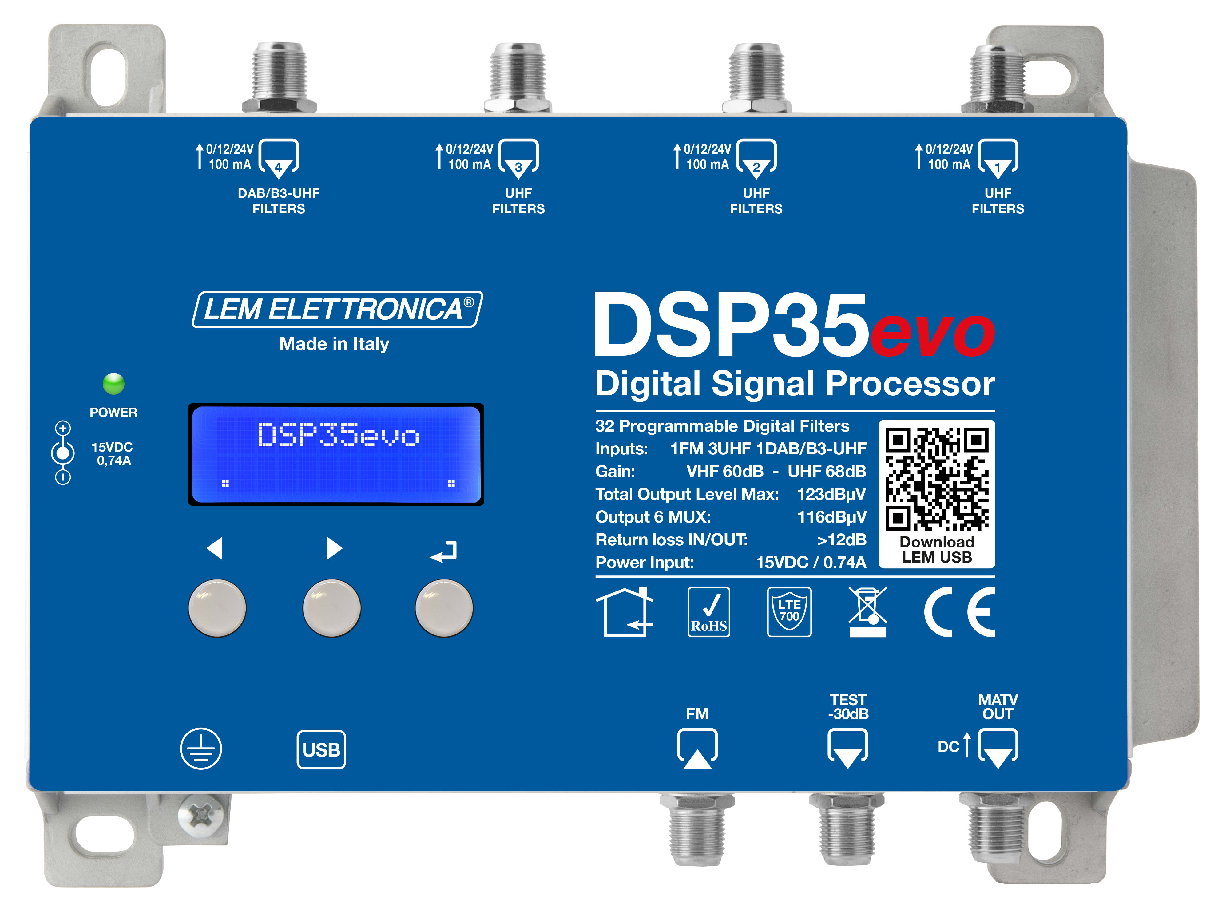 LEM ELETTRONICA - Centrale TV programmabile DSP35evo con 5 ingressi UHF/VHF, 32 filtri digitali e livello di uscita totale max. 123dBuV. Programmazione da display e da applicazione Android e Windows.