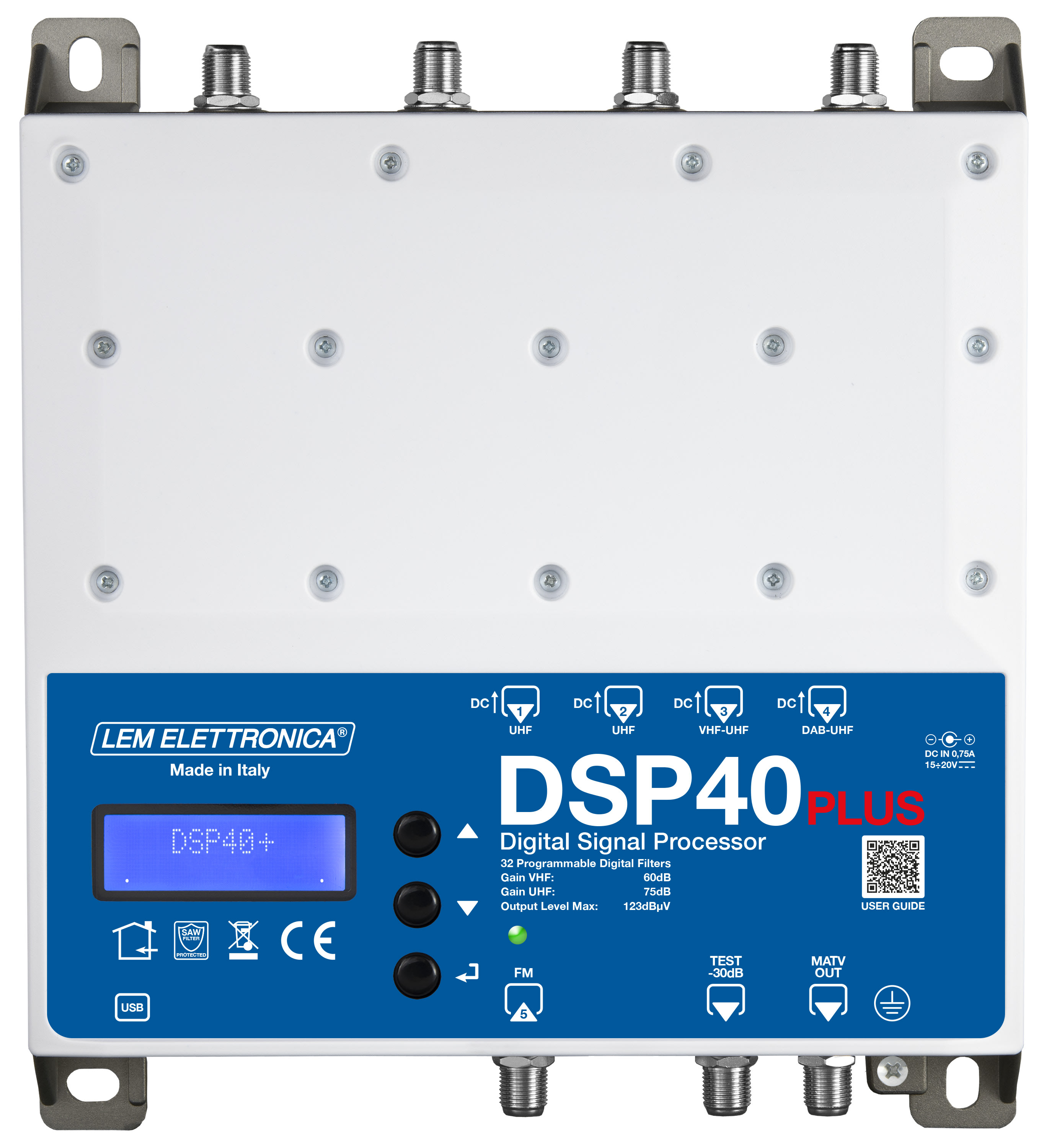 LEM ELETTRONICA - Centrale TV programmabile DSP40 PLUS con 5 ingressi UHF/VHF, 32 filtri digitali e livello di uscita totale max. 123dBuV. Programmazione da display e da applicazione Android e Windows.