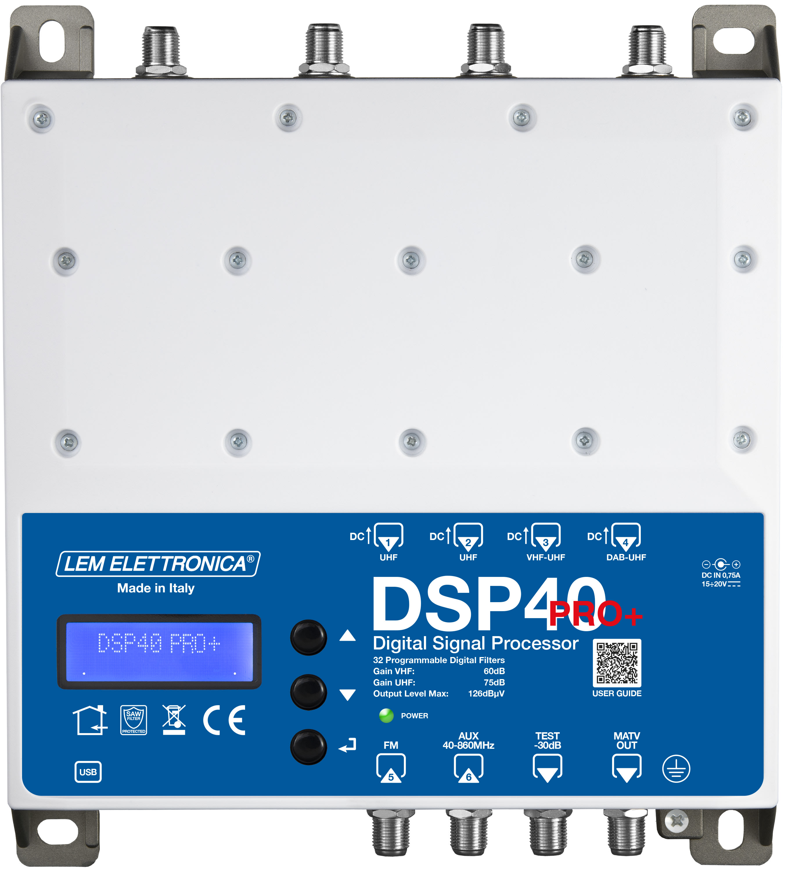 LEM ELETTRONICA - Centrale TV programmabile DSP40PRO PLUS con 6 ingressi UHF/VHF, 32 filtri digitali e livello di uscita totale max. 126dBuV. Programmazione da display e da applicazione Android e Windows.
