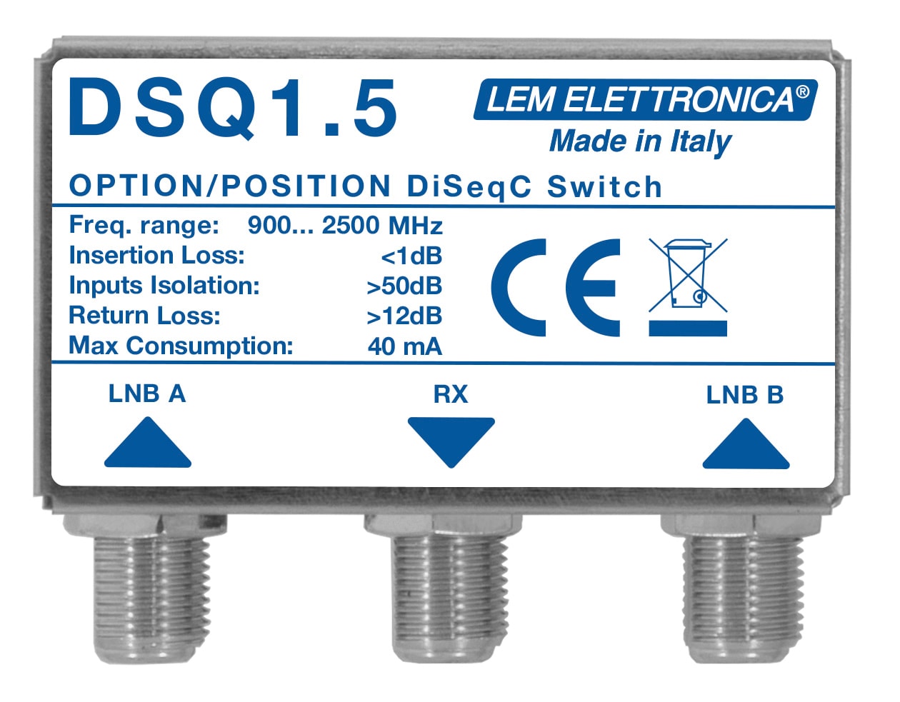 LEM ELETTRONICA - Commutatore DiSEqC DSQ1.5, adatto per collegare ad un unico cavo coassiale i segnali provenienti da 2 LNB universali.