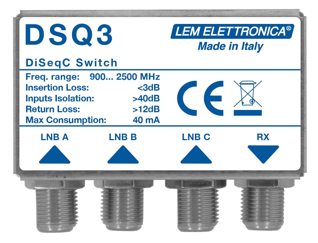 LEM ELETTRONICA - Commutatore DiSEqC DSQ3P, adatto per collegare ad un unico cavo coassiale i segnali provenienti da 3 LNB universali.