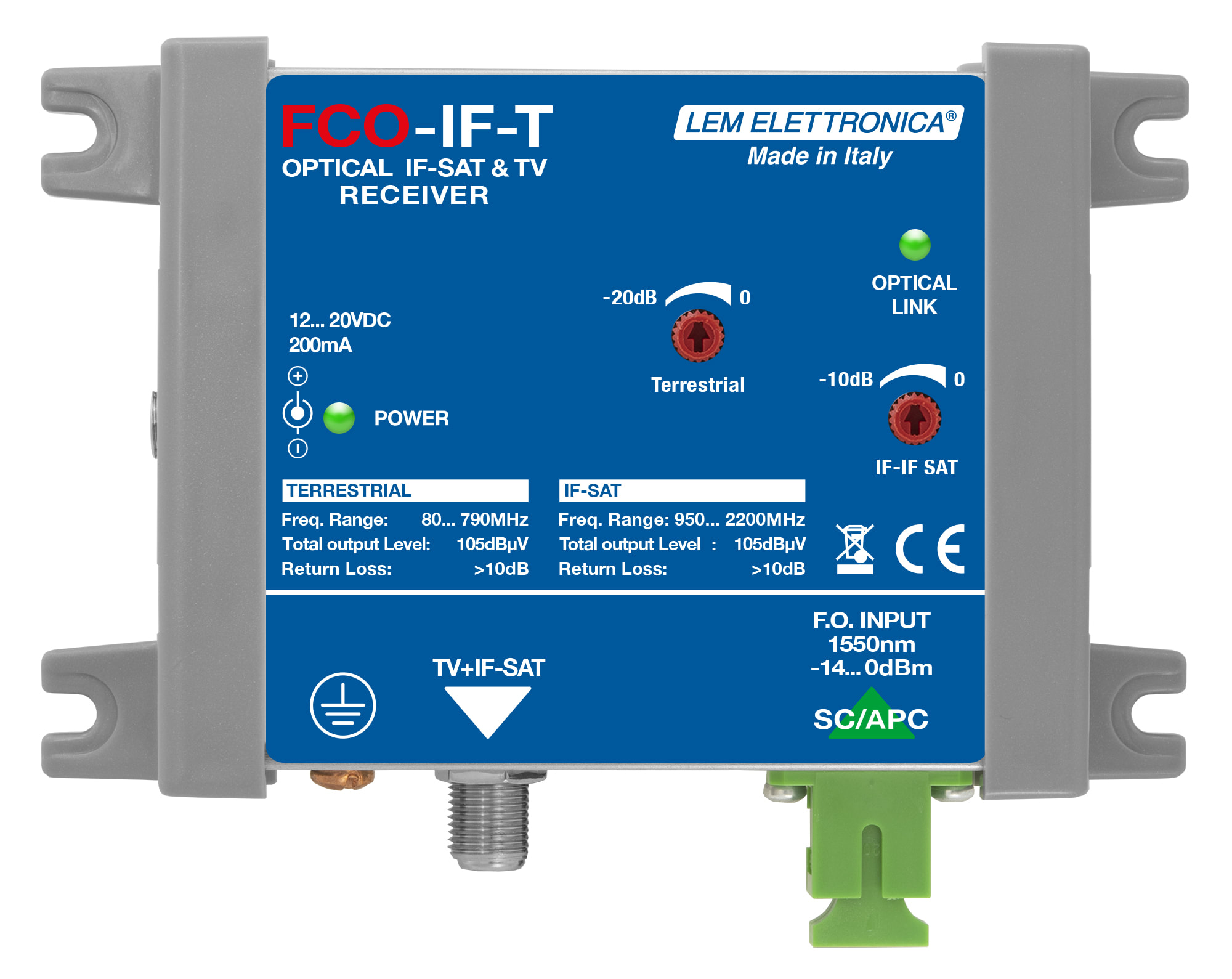 LEM ELETTRONICA - Ricevitore ottico FCO-IF-T con 1 uscita IF-SAT e TV Terrestre miscelato, per applicazioni SKY, FM, DAB, UHF, SAT.
