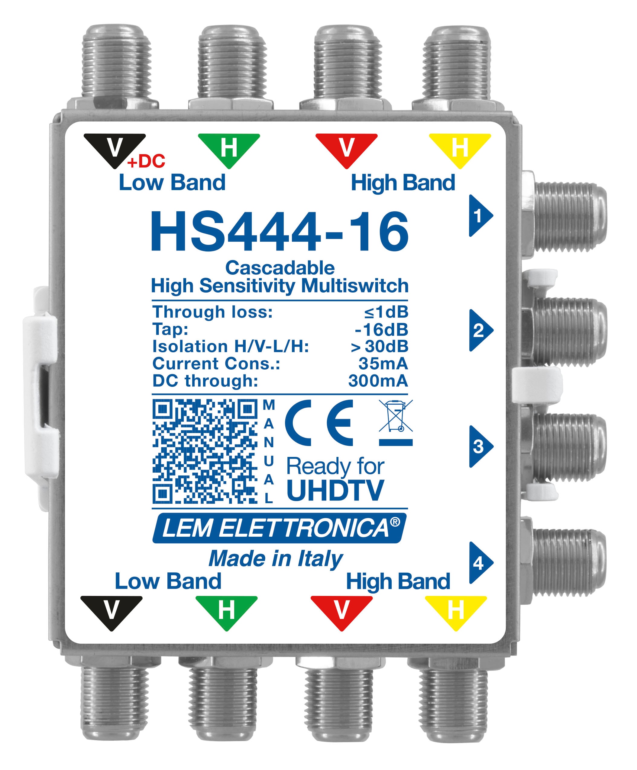 LEM ELETTRONICA - Multiswitch Legacy attenuato HS444-16 con 4 ingressi passanti e 4 uscite derivate, per applicazioni SKY, SAT.