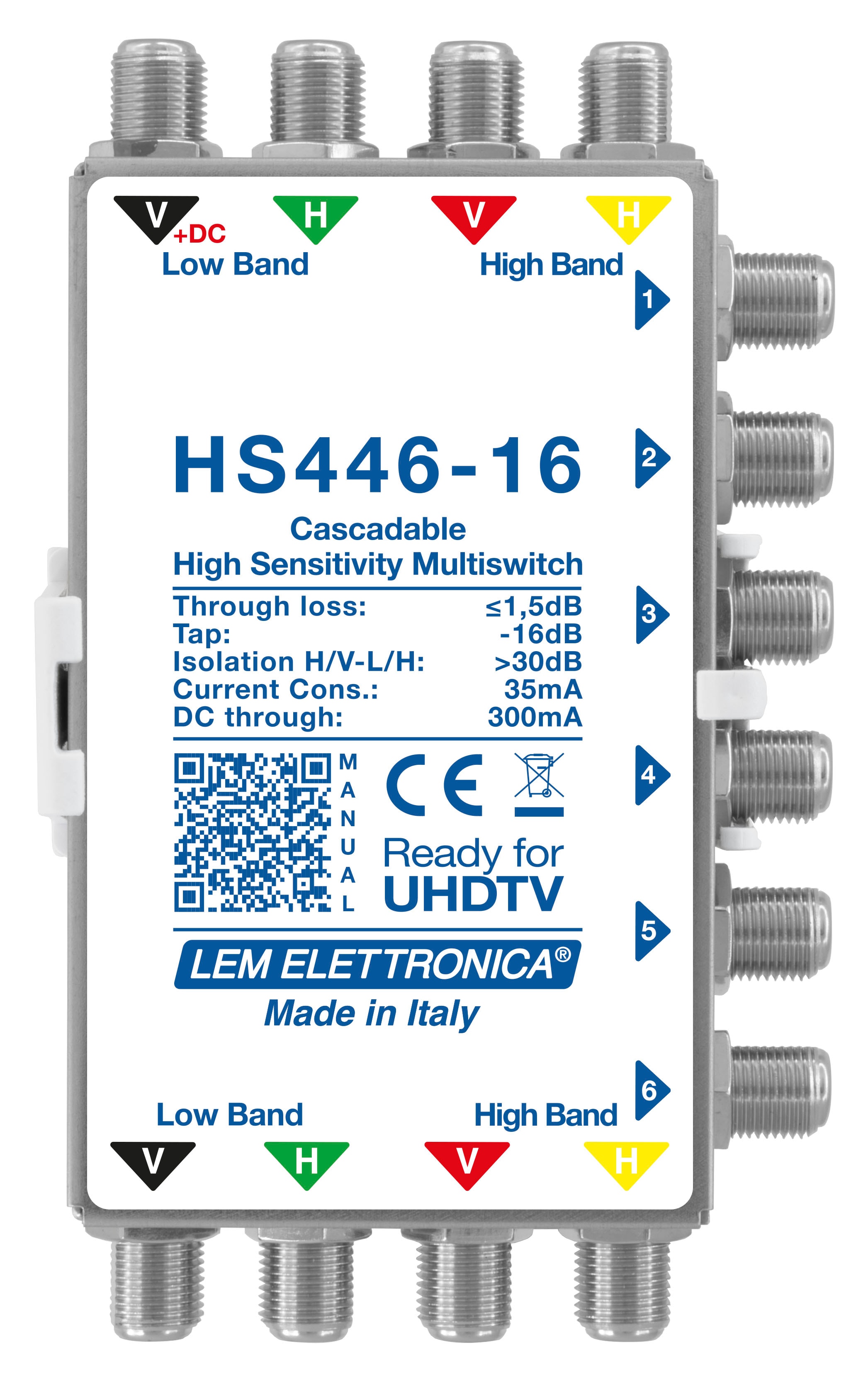 LEM ELETTRONICA - Multiswitch Legacy attenuato HS446-16 con 4 ingressi passanti e 6 uscite derivate, per applicazioni SKY, SAT.