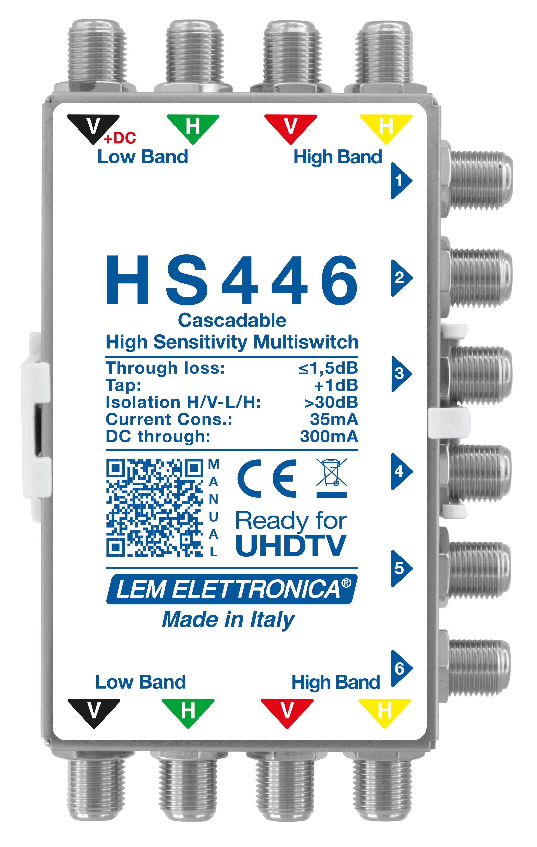 LEM ELETTRONICA - Multiswitch Legacy attivo HS446 con 4 ingressi passanti e 6 uscite derivate, per applicazioni SKY, SAT.