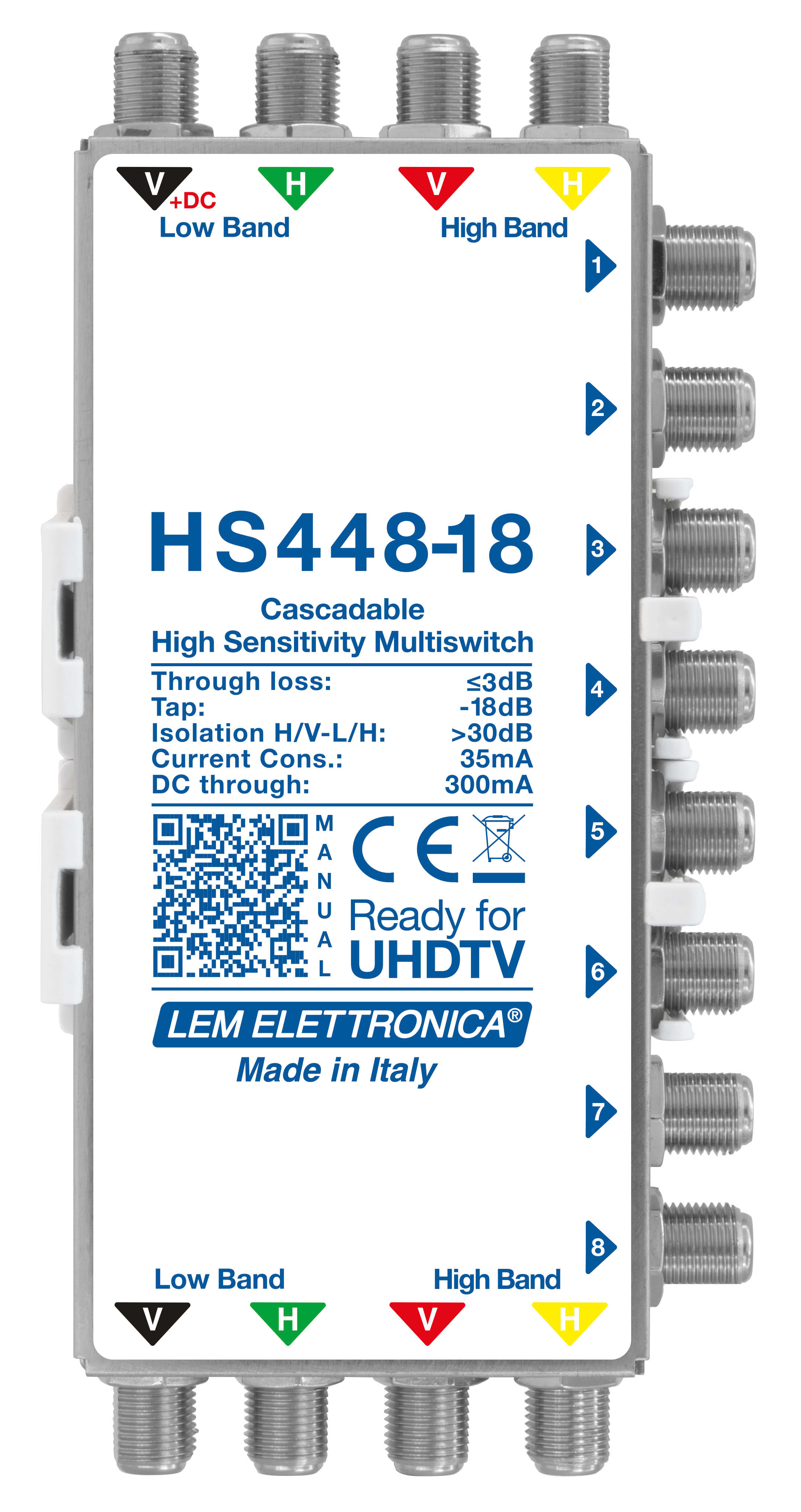 LEM ELETTRONICA - Multiswitch Legacy attenuato HS448-18 con 4 ingressi passanti e 8 uscite derivate, per applicazioni SKY, SAT.