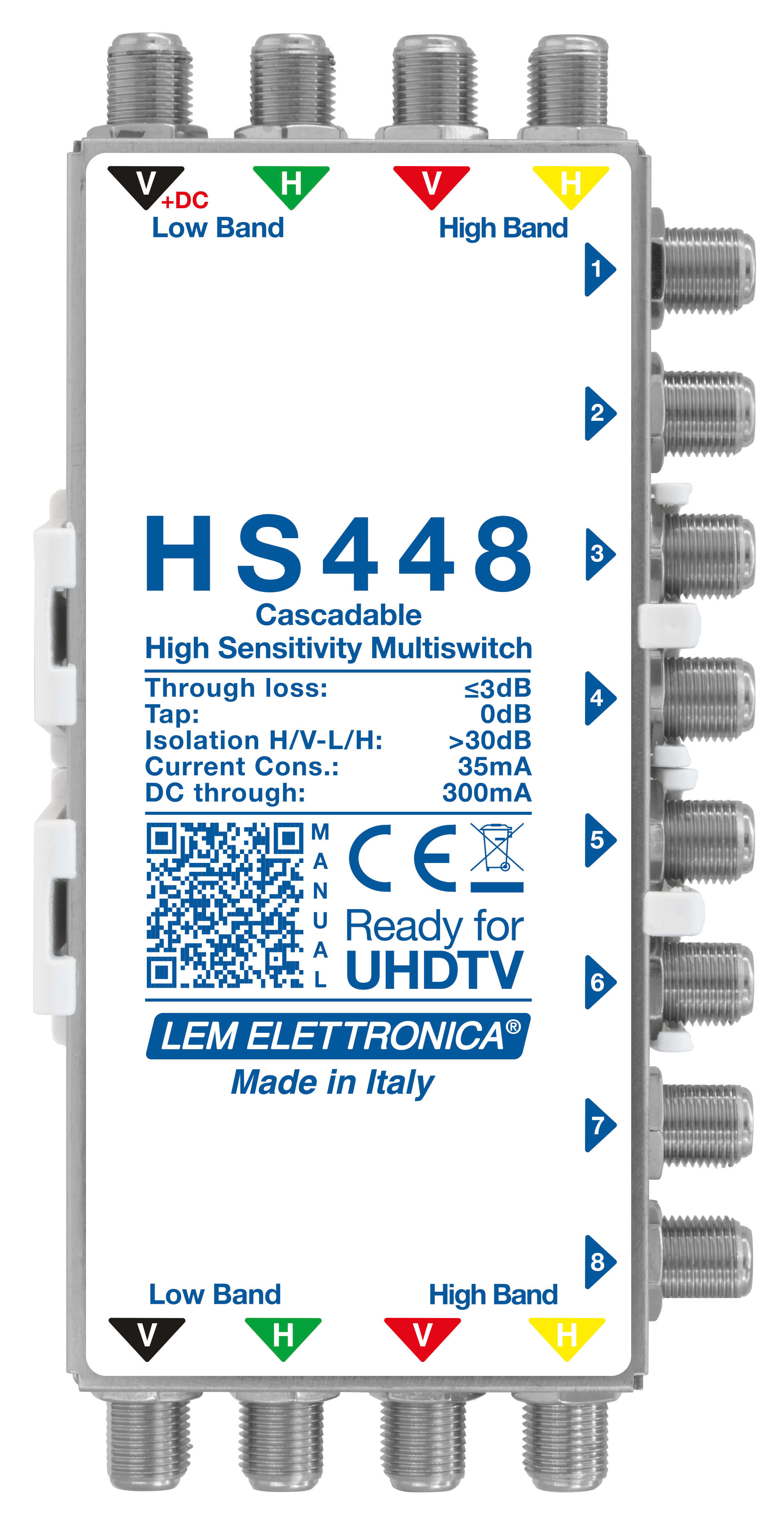 LEM ELETTRONICA - Multiswitch Legacy attivo HS448 con 4 ingressi passanti e 8 uscite derivate, per applicazioni SKY, SAT.