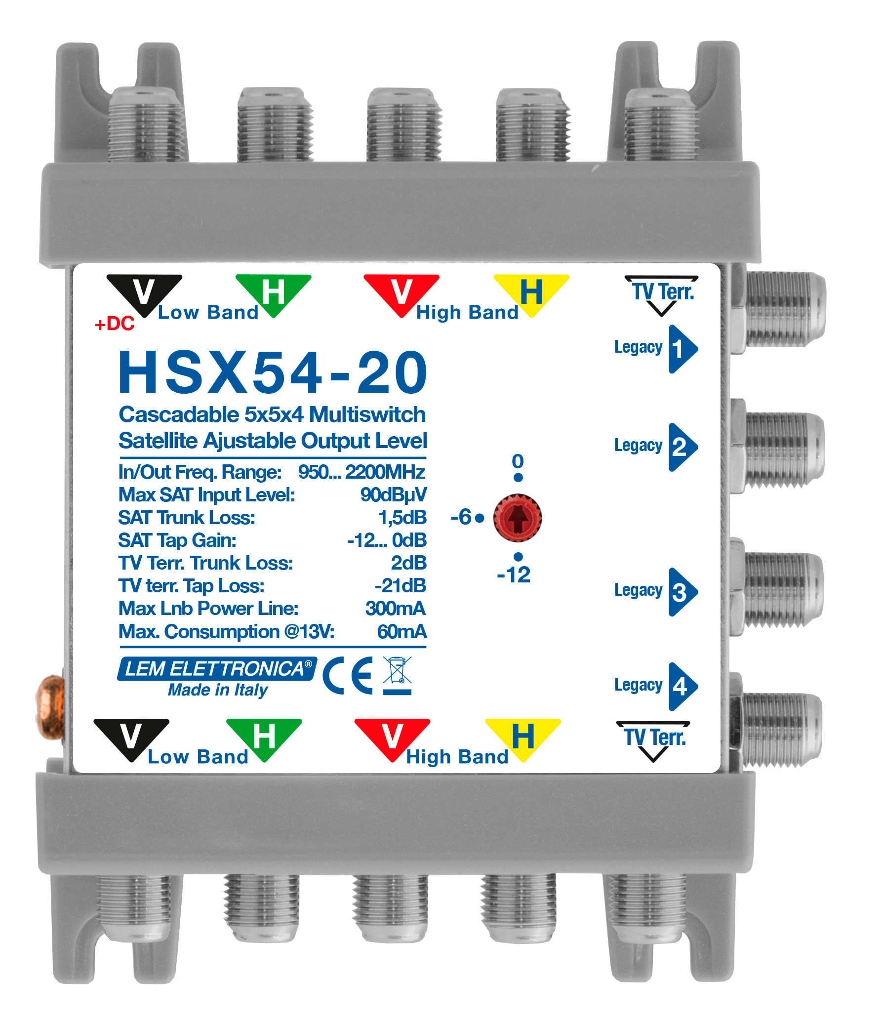 LEM ELETTRONICA - Multiswitch Legacy HSX54-20 con 5 ingressi passanti e 4 uscite derivate, Satellite amplificato regolabile, Terrestre attenuato, per applicazioni SKY, FM, DAB, UHF, SAT.