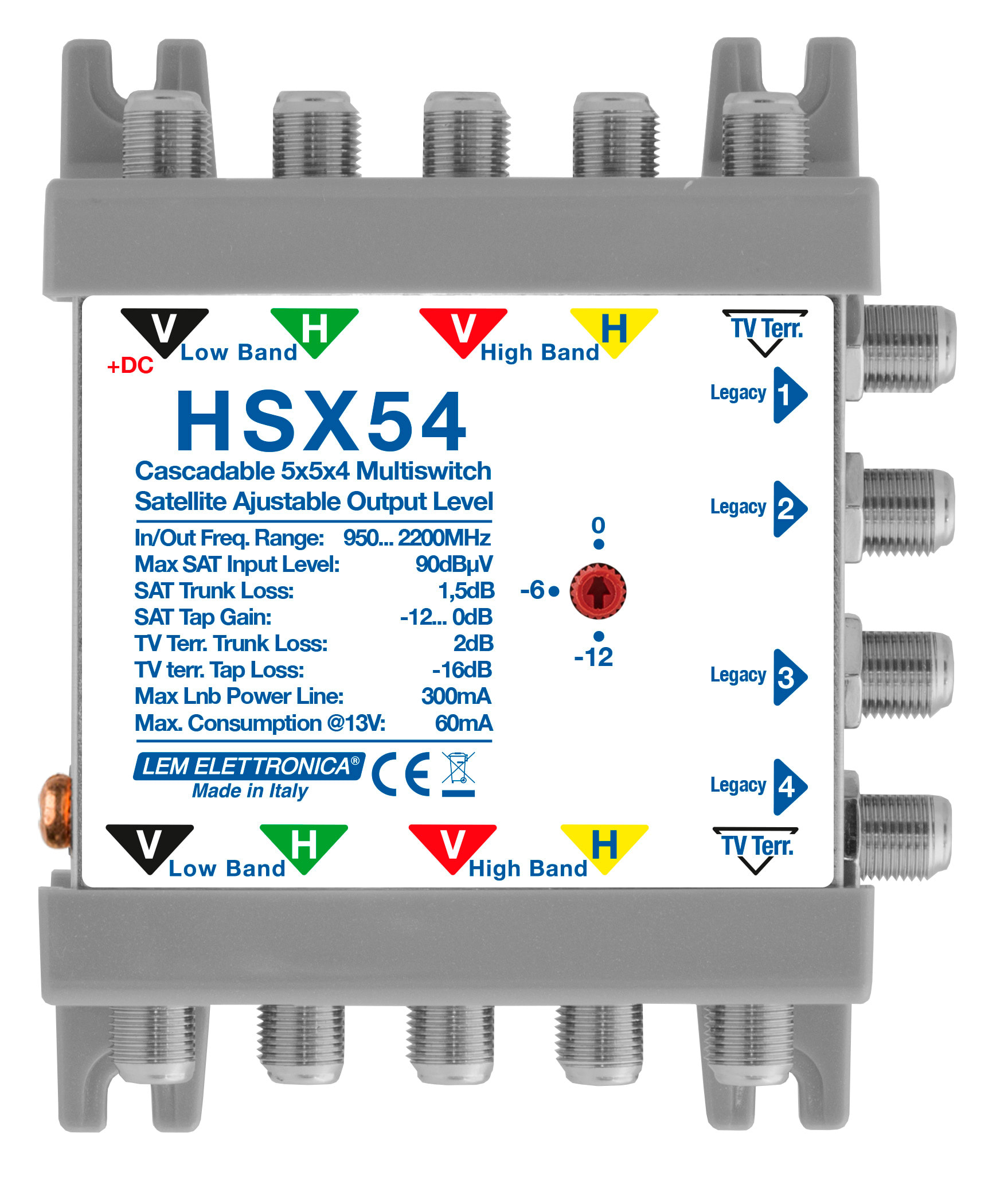 LEM ELETTRONICA - Multiswitch Legacy HSX54 con 5 ingressi passanti e 4 uscite derivate, Satellite amplificato regolabile, per applicazioni SKY, FM, DAB, UHF, SAT. HSX54
