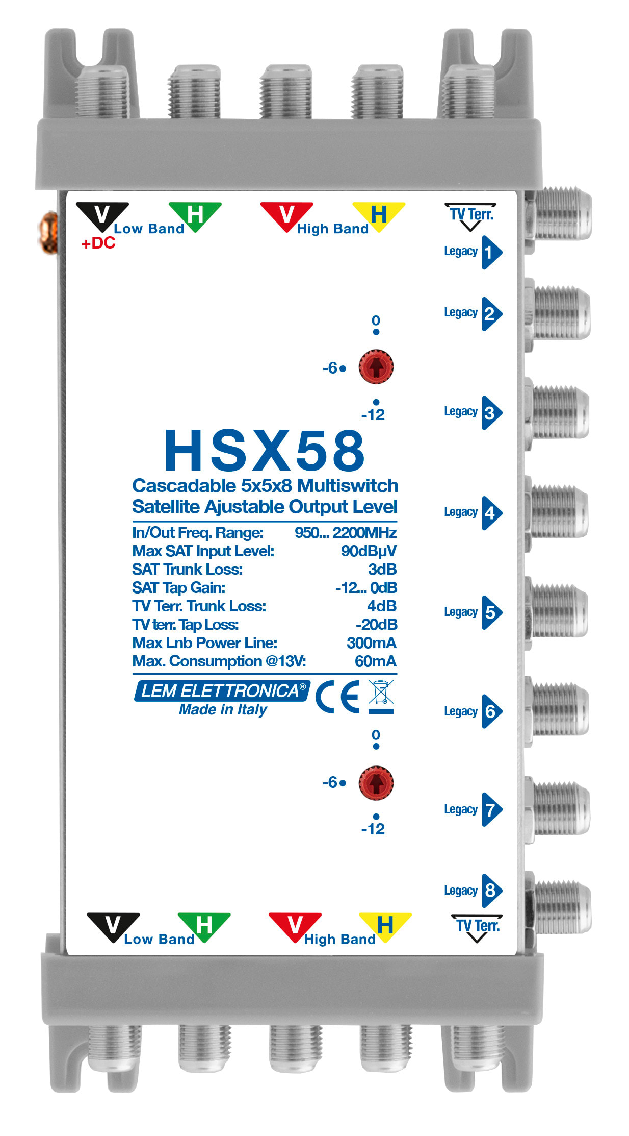 LEM ELETTRONICA - Multiswitch Legacy HSX58 con 5 ingressi passanti e 8 uscite derivate, Satellite amplificato regolabile, per applicazioni SKY, FM, DAB, UHF, SAT.
