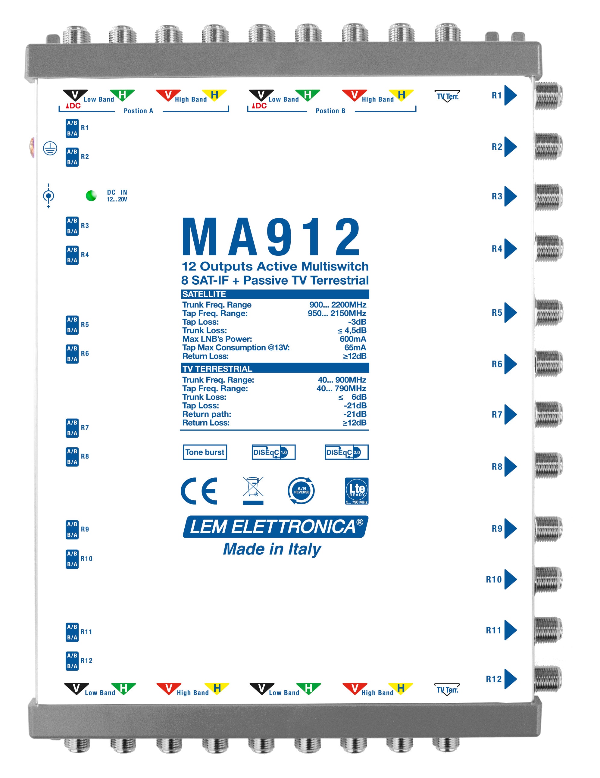 LEM ELETTRONICA - Multiswitch Legacy MA912 con 9 ingressi passanti e 12 uscite derivate, per applicazioni SKY, FM, DAB, UHF, SAT.