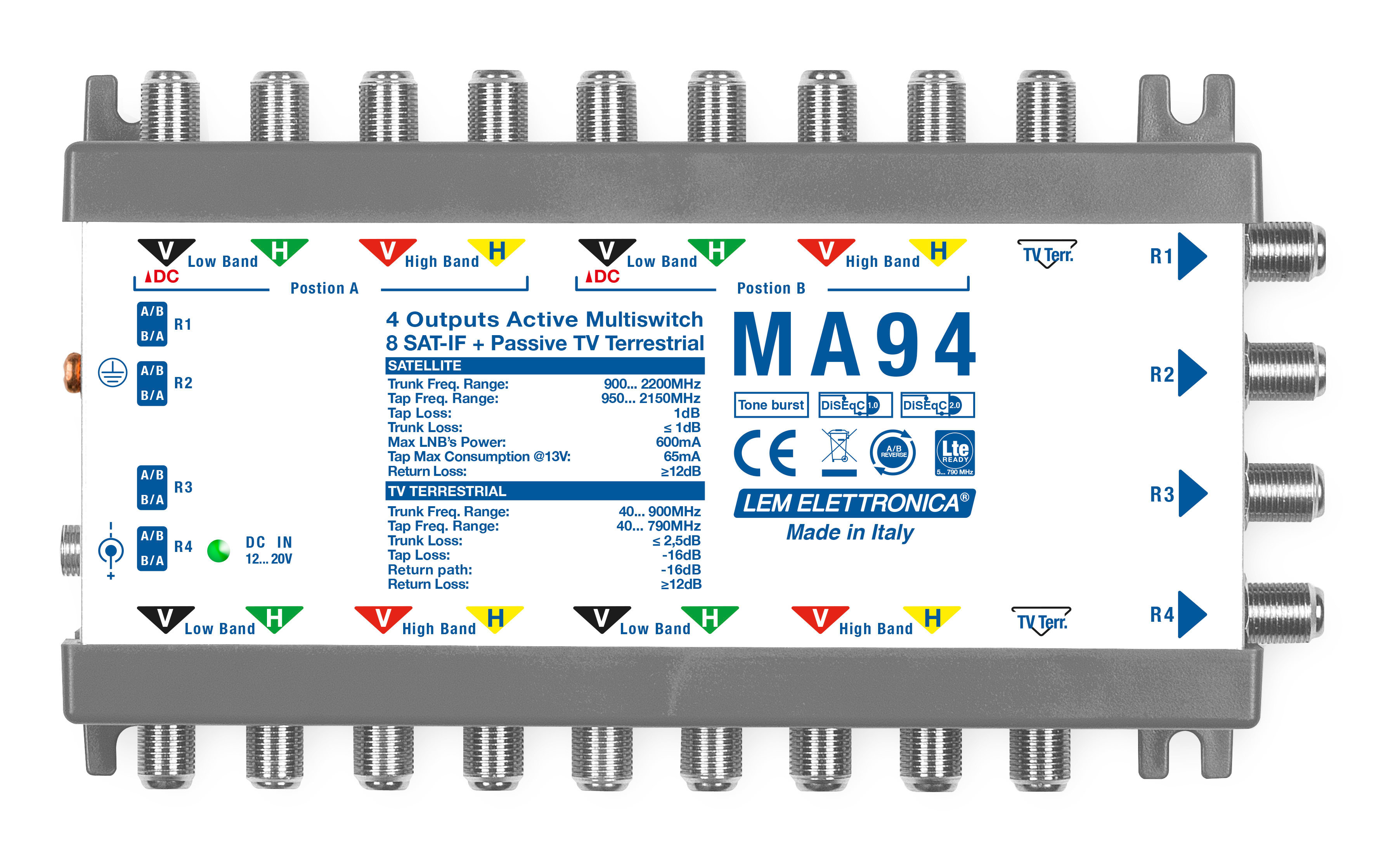 LEM ELETTRONICA - Multiswitch Legacy MA94 con 9 ingressi passanti e 4 uscite derivate, per applicazioni SKY, FM, DAB, UHF, SAT.