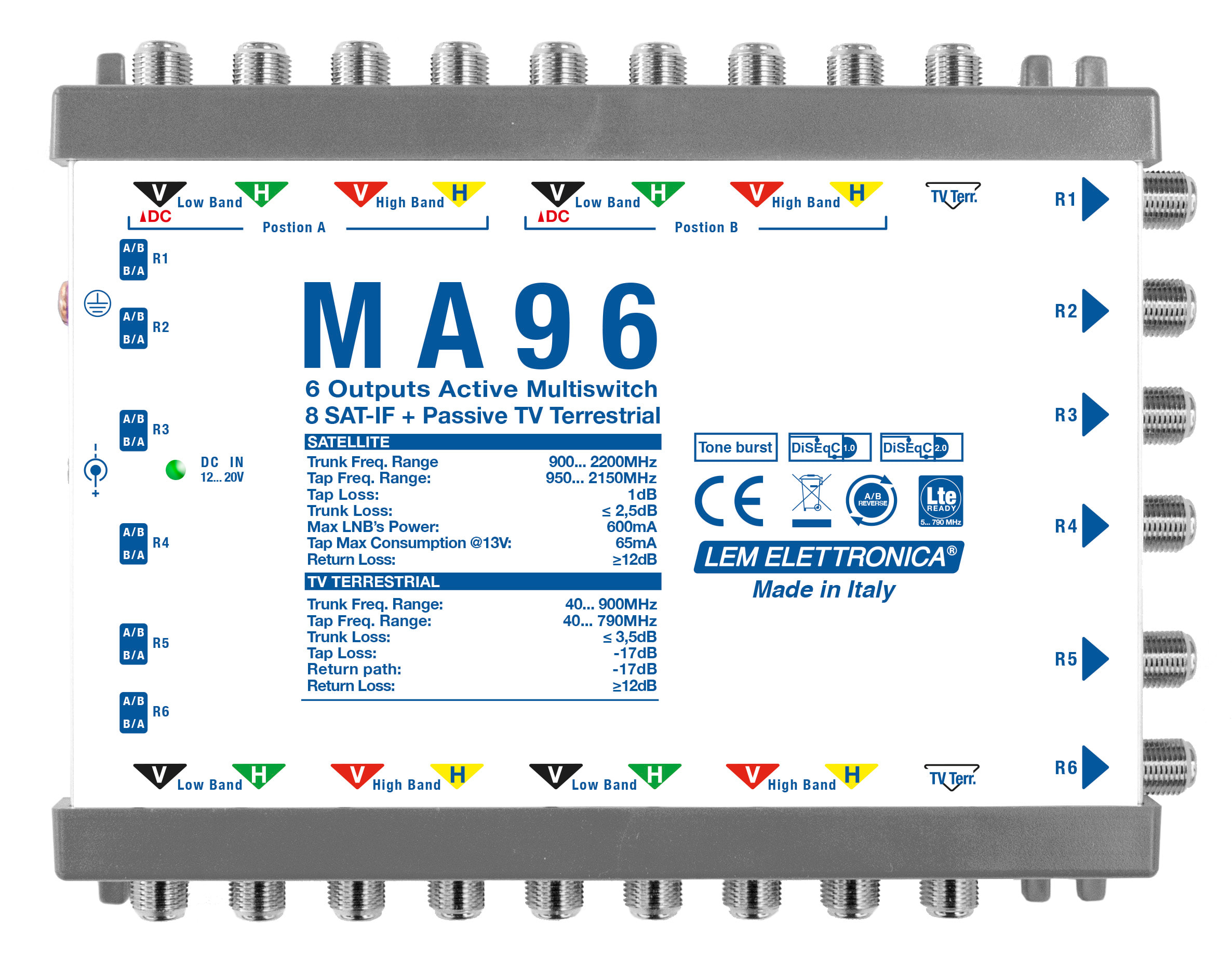 LEM ELETTRONICA - Multiswitch Legacy MA96 con 9 ingressi passanti e 6 uscite derivate, per applicazioni SKY, FM, DAB, UHF, SAT.