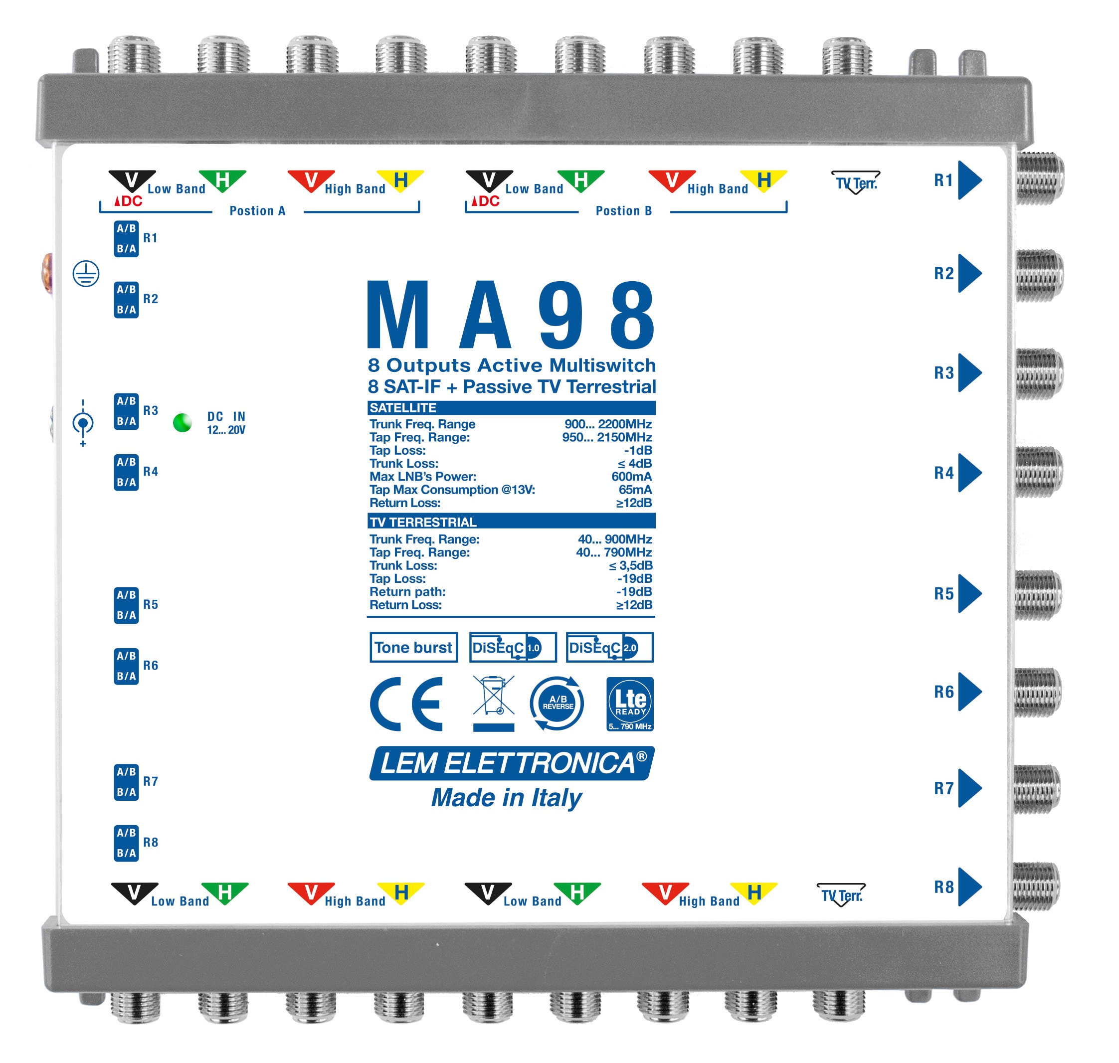 LEM ELETTRONICA - Multiswitch Legacy MA98 con 9 ingressi passanti e 8 uscite derivate, per applicazioni SKY, FM, DAB, UHF, SAT.