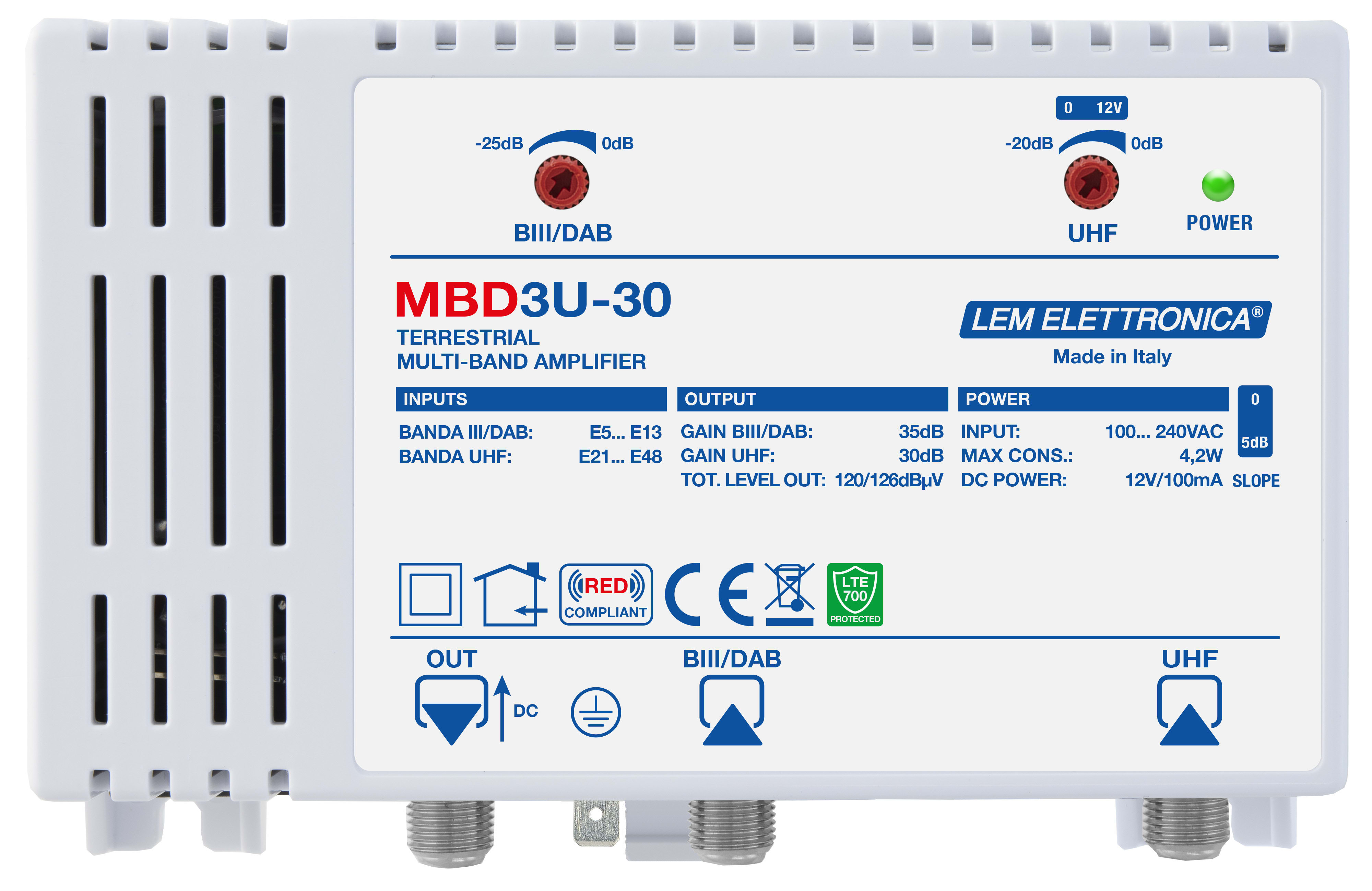 LEM ELETTRONICA - Centrale TV a larga banda MBD3U-30 con 2 ingressi UHF/VHF e 1 uscita, livello di uscita totale max. VHF (120dBuV), UHF (126dBuV). MBD3U-30