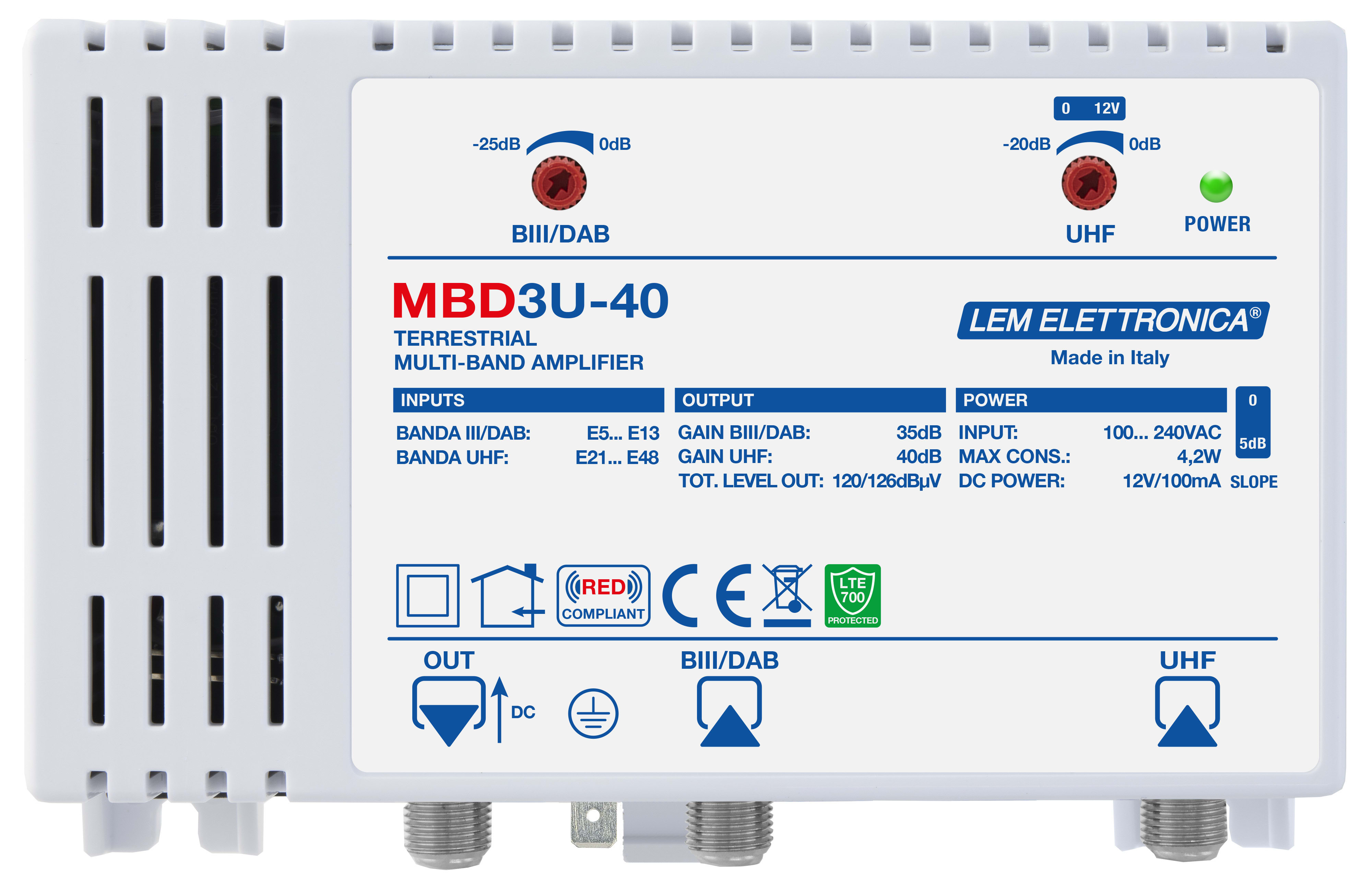 LEM ELETTRONICA - Centrale TV a larga banda MBD3U-40 con 2 ingressi UHF/VHF e 1 uscita, livello di uscita totale max. VHF (120dBuV), UHF (126dBuV).