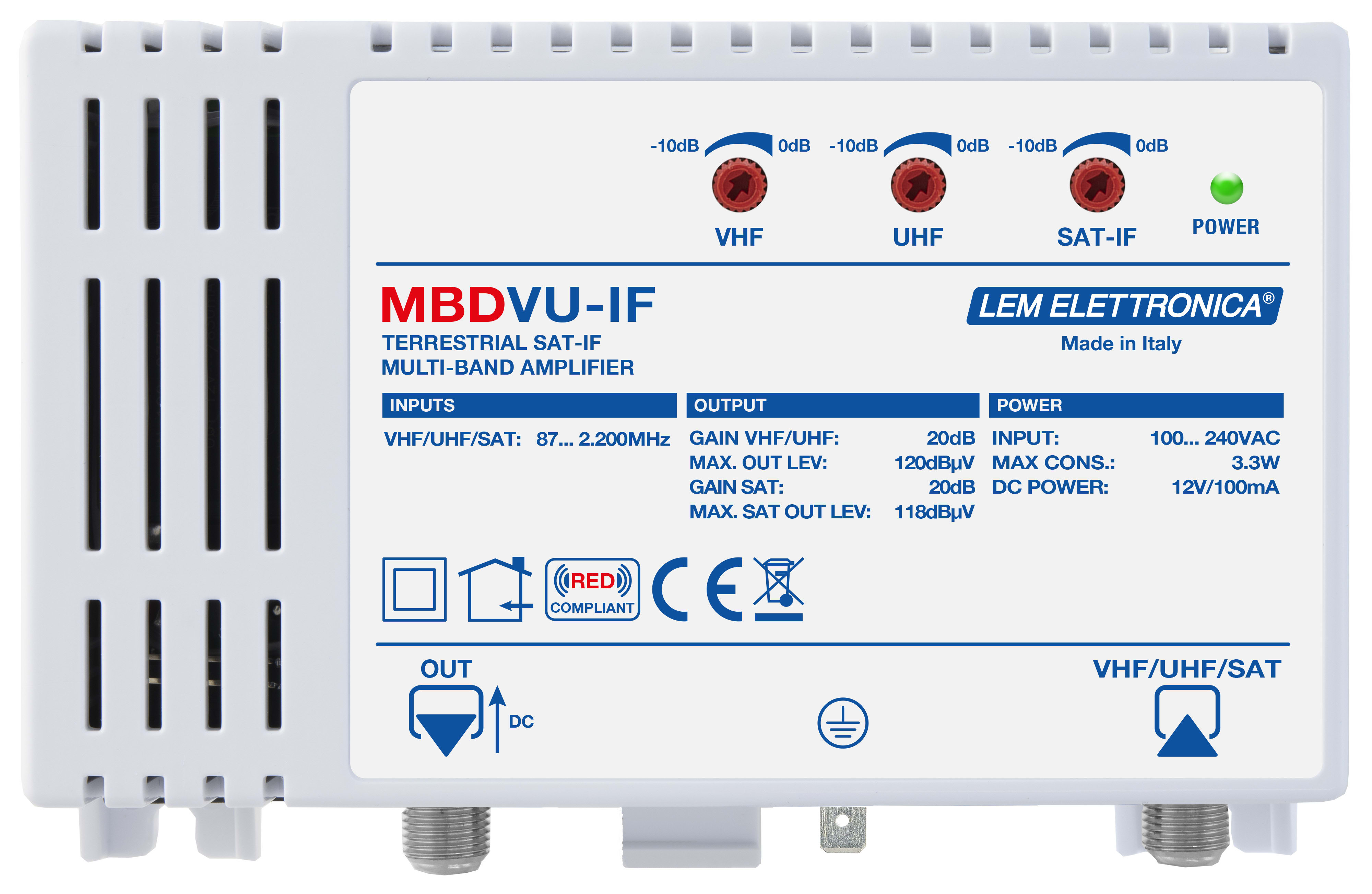 LEM ELETTRONICA - Amplificatore di linea a larga banda MBDVU-IF con 1 ingresso UHF/VHF/SATELLITE e livello di uscita totale max. TV (120dBuV), SAT (118dBuV), guadagno 20dB.