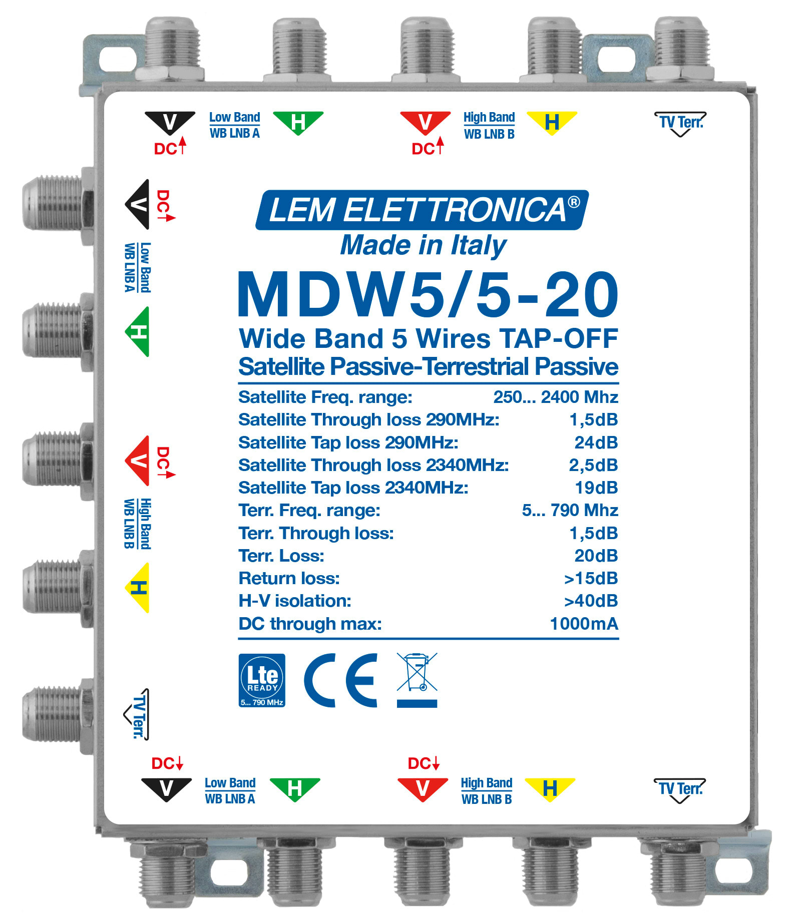 LEM ELETTRONICA - Derivatore passivo MDW5/5-20, 4 montanti Satellite Wide Band (250… 2400MHz) e 1 montante Terrestre (5… 790MHz), perdita di derivazione -20dB.