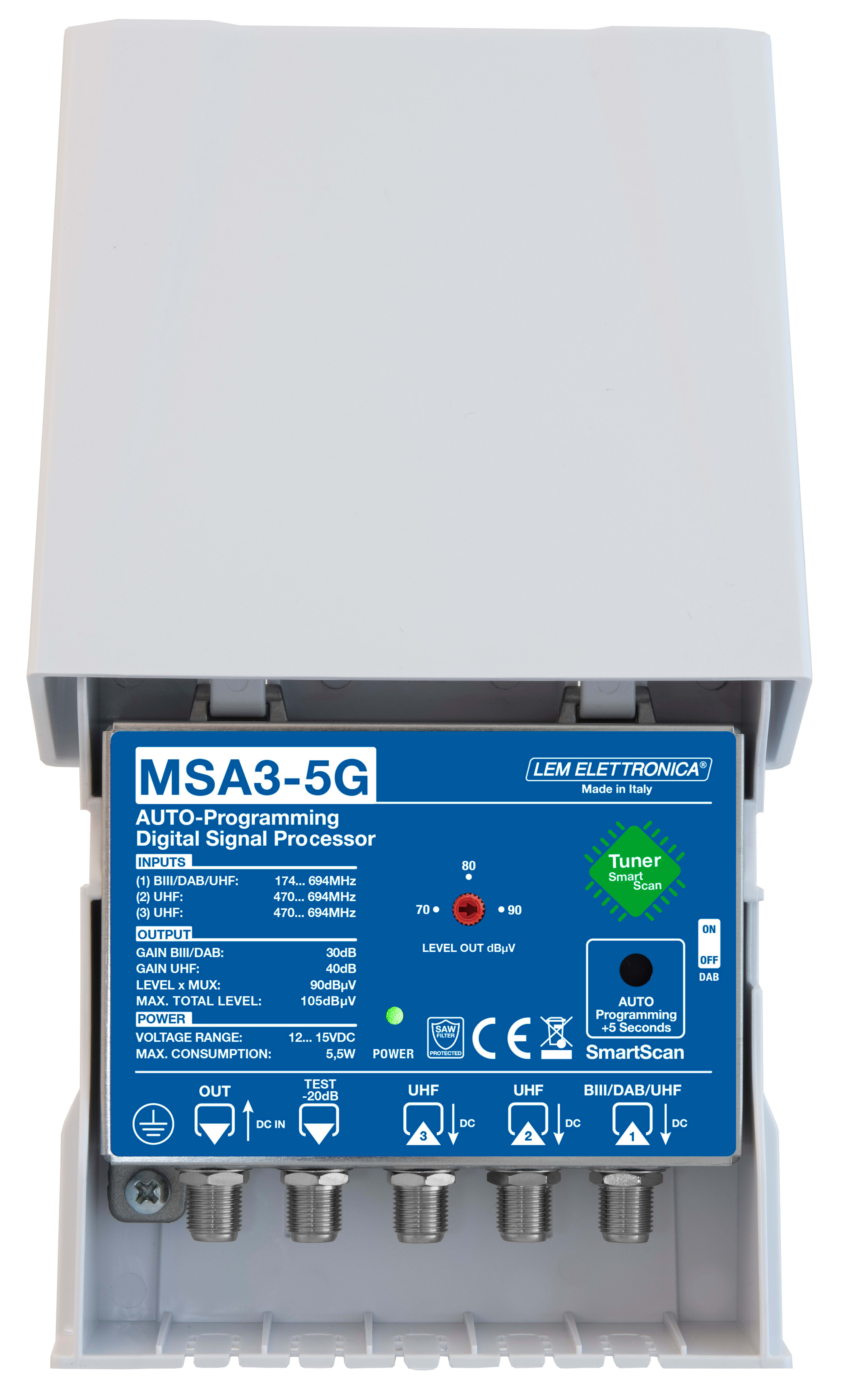 LEM ELETTRONICA - Amplificatore TV programmabile da palo MSA3 con 3 ingressi UHF/VHF, 32 filtri digitali e livello di uscita totale max. 108dBuV. Autoprogrammazione tramite Tuner.