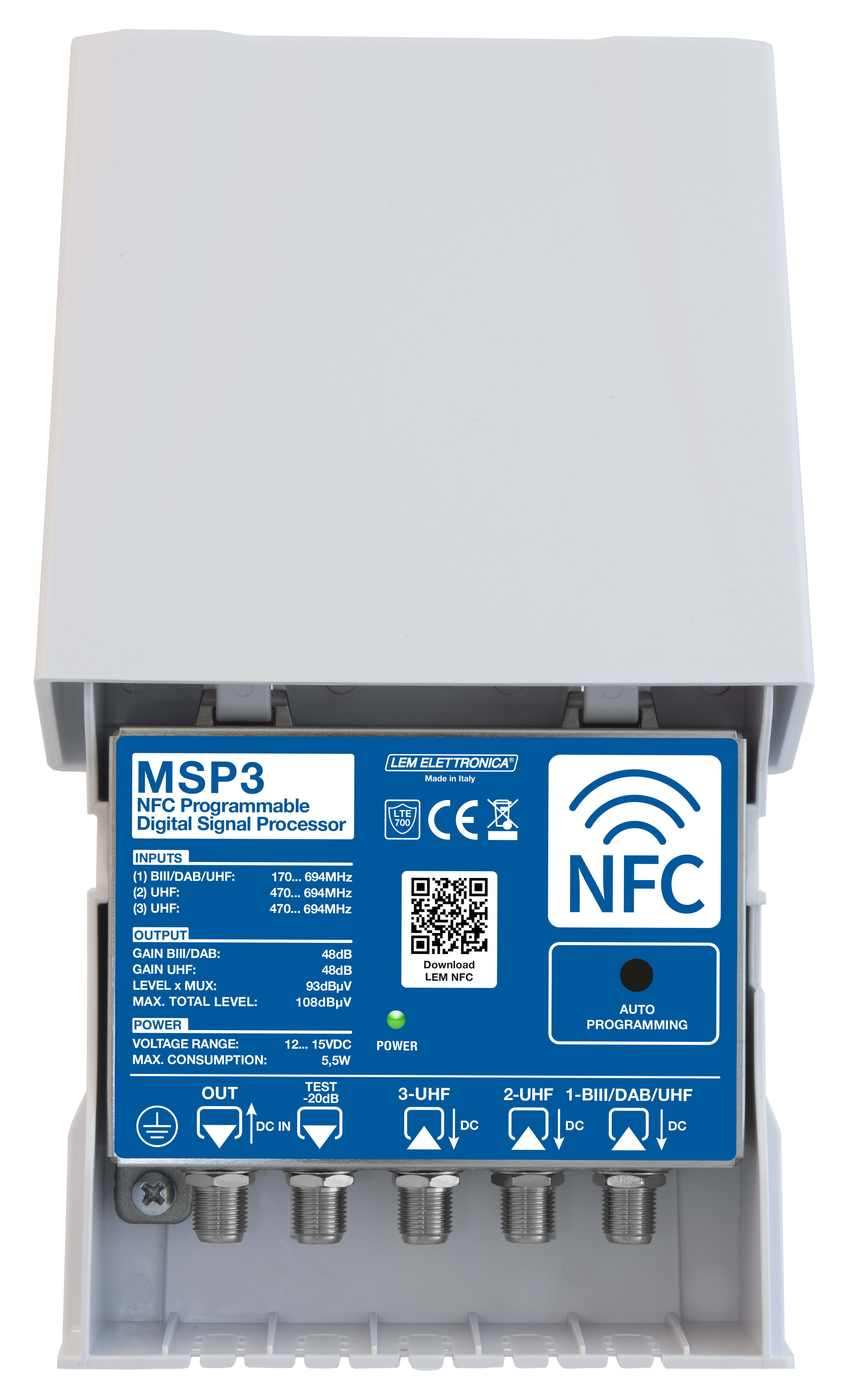 LEM ELETTRONICA - Amplificatore TV programmabile da palo MSP3 con 3 ingressi UHF/VHF, 32 filtri digitali e livello di uscita totale max. 108dBuV. Programmazione da applicazione Android e Apple iOS.