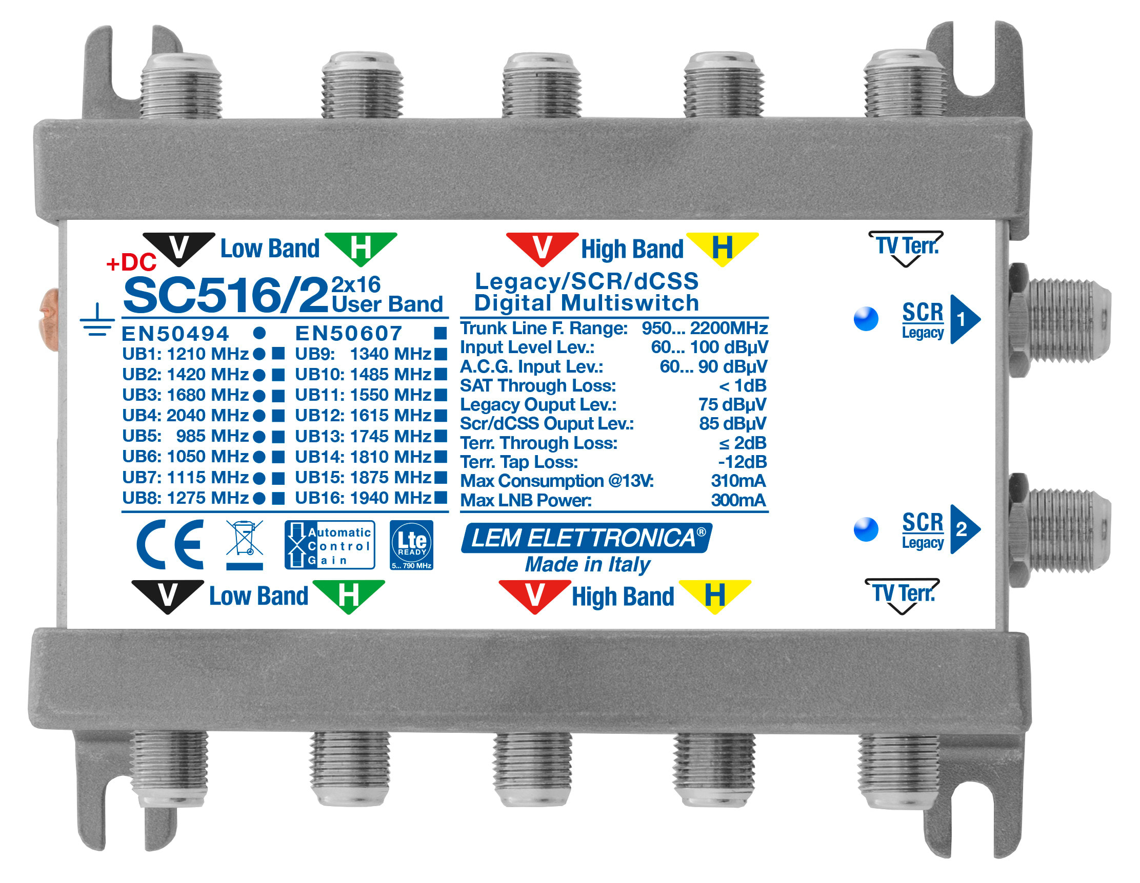 LEM ELETTRONICA - Multiswitch dCSS/Legacy SC516/2 con 5 ingressi passanti e 2 uscite derivate, per applicazioni SKY, FM, DAB, UHF, SAT.
