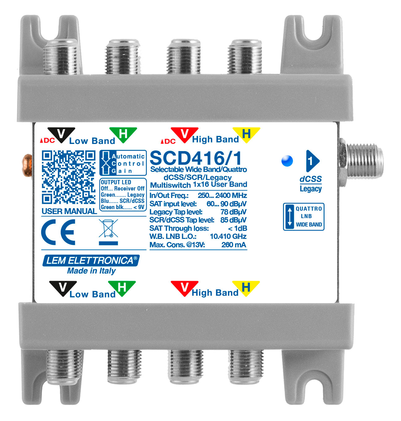 LEM ELETTRONICA - Multiswitch dCSS/Legacy SCD416/1 con 4 ingressi passanti e 1 uscita derivata, per applicazioni SKY, SAT.