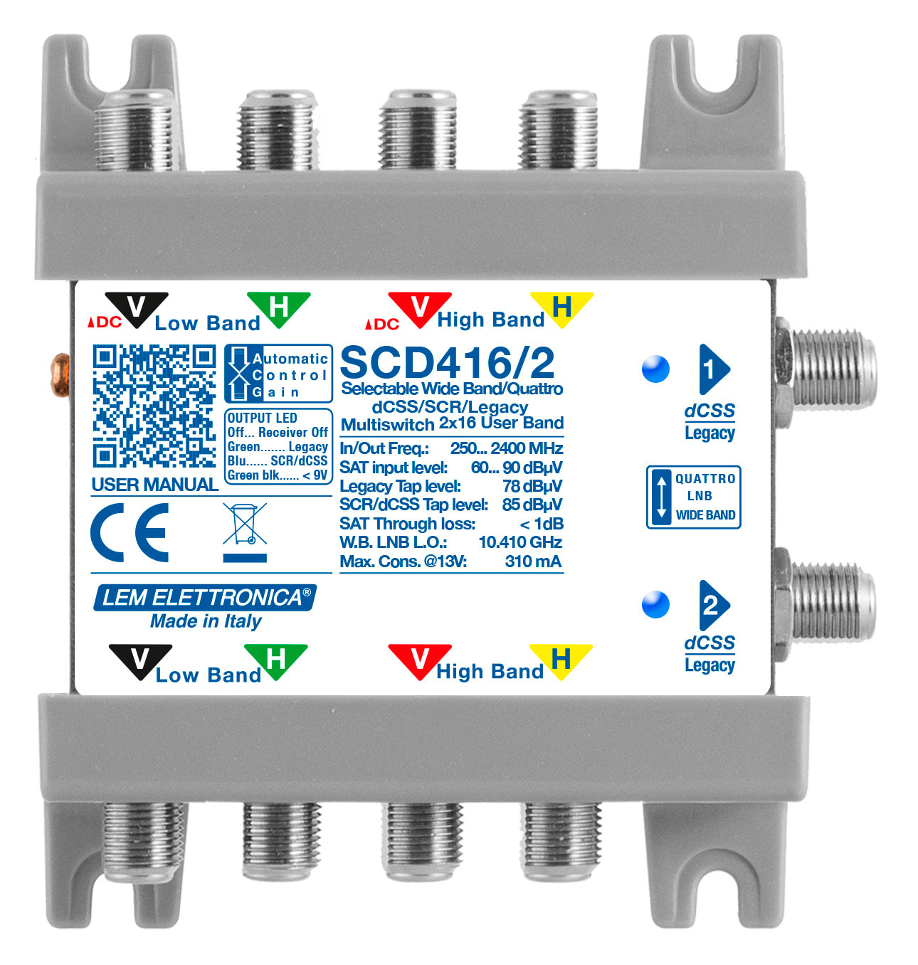 LEM ELETTRONICA - Multiswitch dCSS/Legacy SCD416/2 con 4 ingressi passanti e 2 uscite derivate, per applicazioni SKY, SAT.