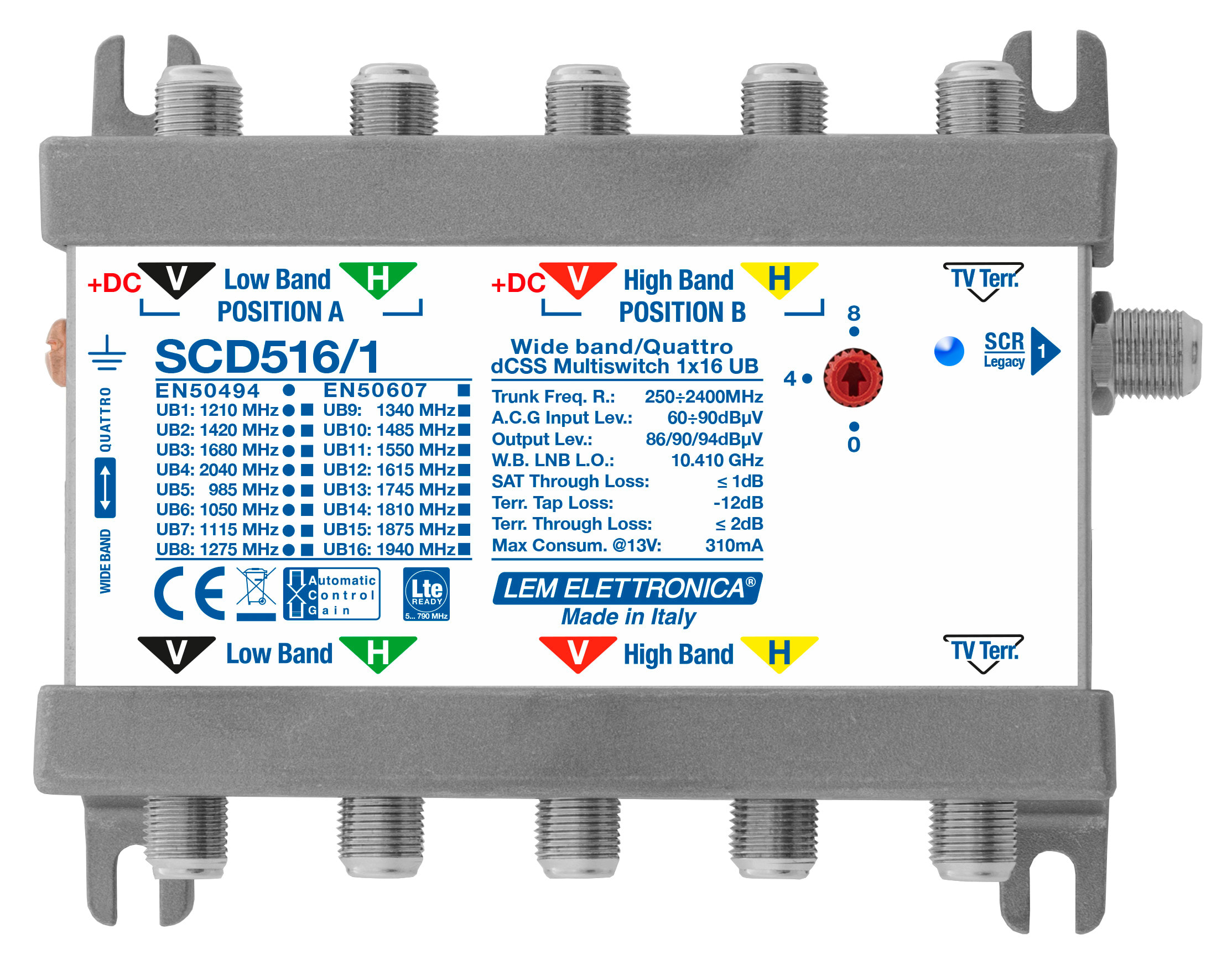 LEM ELETTRONICA - Multiswitch dCSS/Legacy SCD516/1 con 5 ingressi passanti e 1 uscita derivata, Satellite amplificato, per applicazioni SKY, FM, DAB, UHF, SAT.