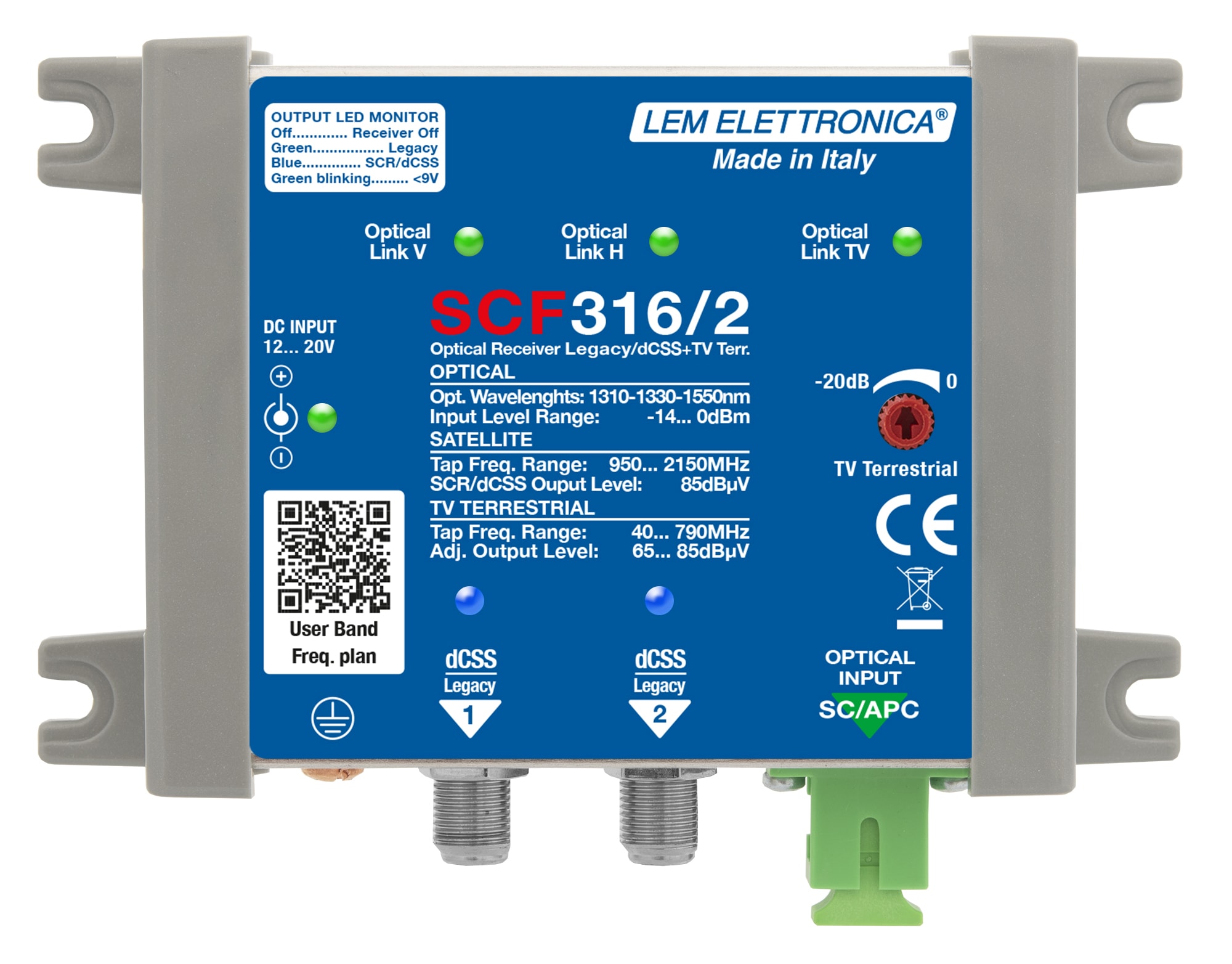 LEM ELETTRONICA - Ricevitore ottico SCF316/2 con 2 uscite dCSS/Legacy e TV terrestre miscelato regolabile, per applicazioni SKY, FM, DAB, UHF, SAT. SCF316/2
