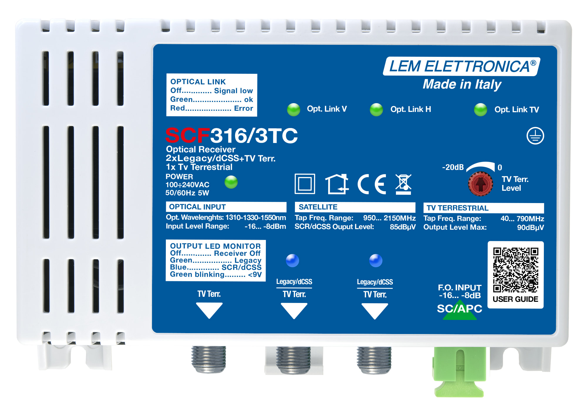 LEM ELETTRONICA - Ricevitore ottico SCF316/3TC con 3 uscite (2 dCSS/Legacy e TV terrestre miscelato regolabile, 1 TV Terrestre indipendente regolabile), per applicazioni SKY, FM, DAB, UHF, SAT.
