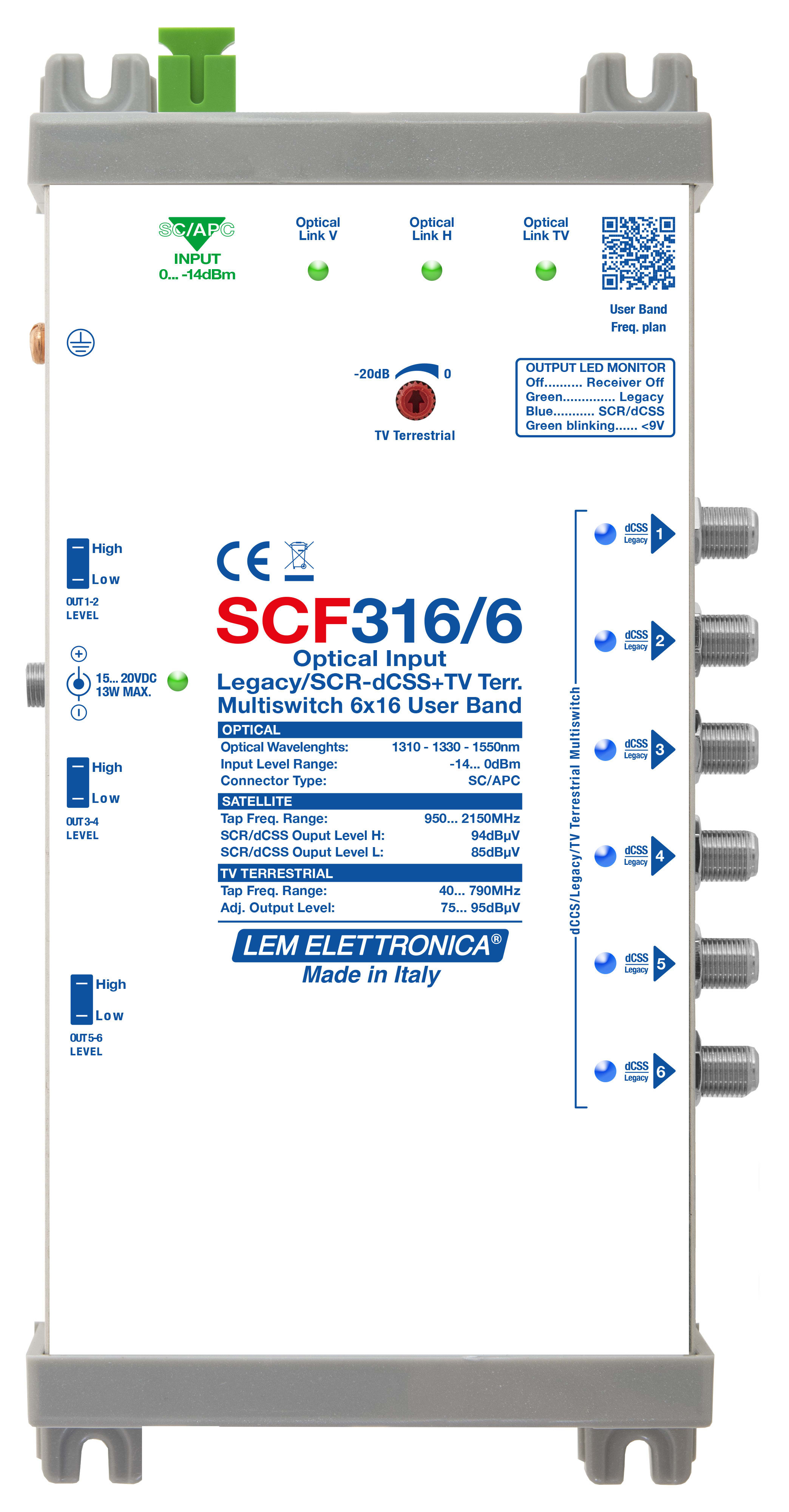 LEM ELETTRONICA - Ricevitore ottico SCF316/6 con 6 uscite dCSS/Legacy e TV terrestre miscelato regolabile, per applicazioni SKY, FM, DAB, UHF, SAT.