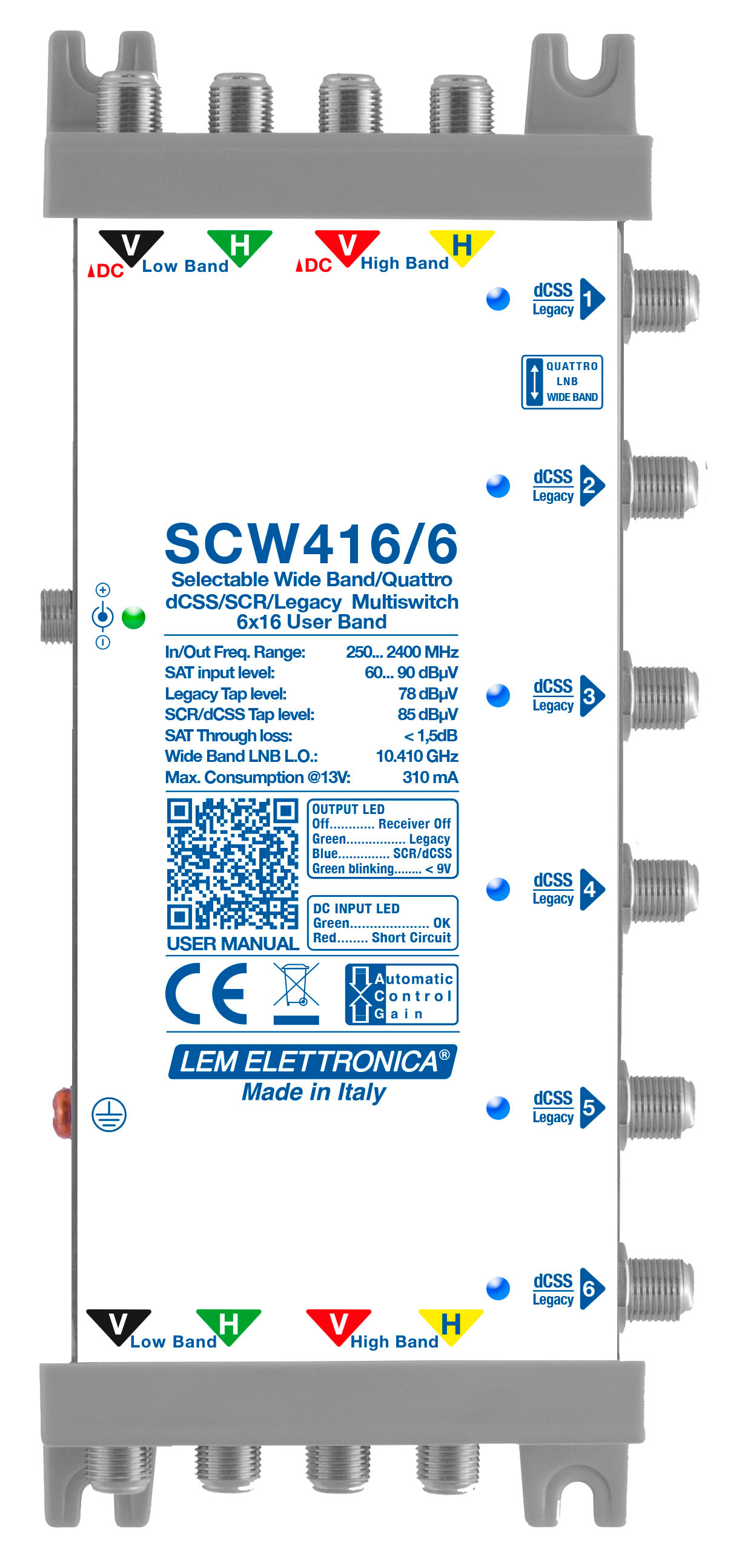 LEM ELETTRONICA - Multiswitch dCSS/Legacy SCW416/6 con 4 ingressi passanti e 6 uscite derivate, per applicazioni SKY, SAT.