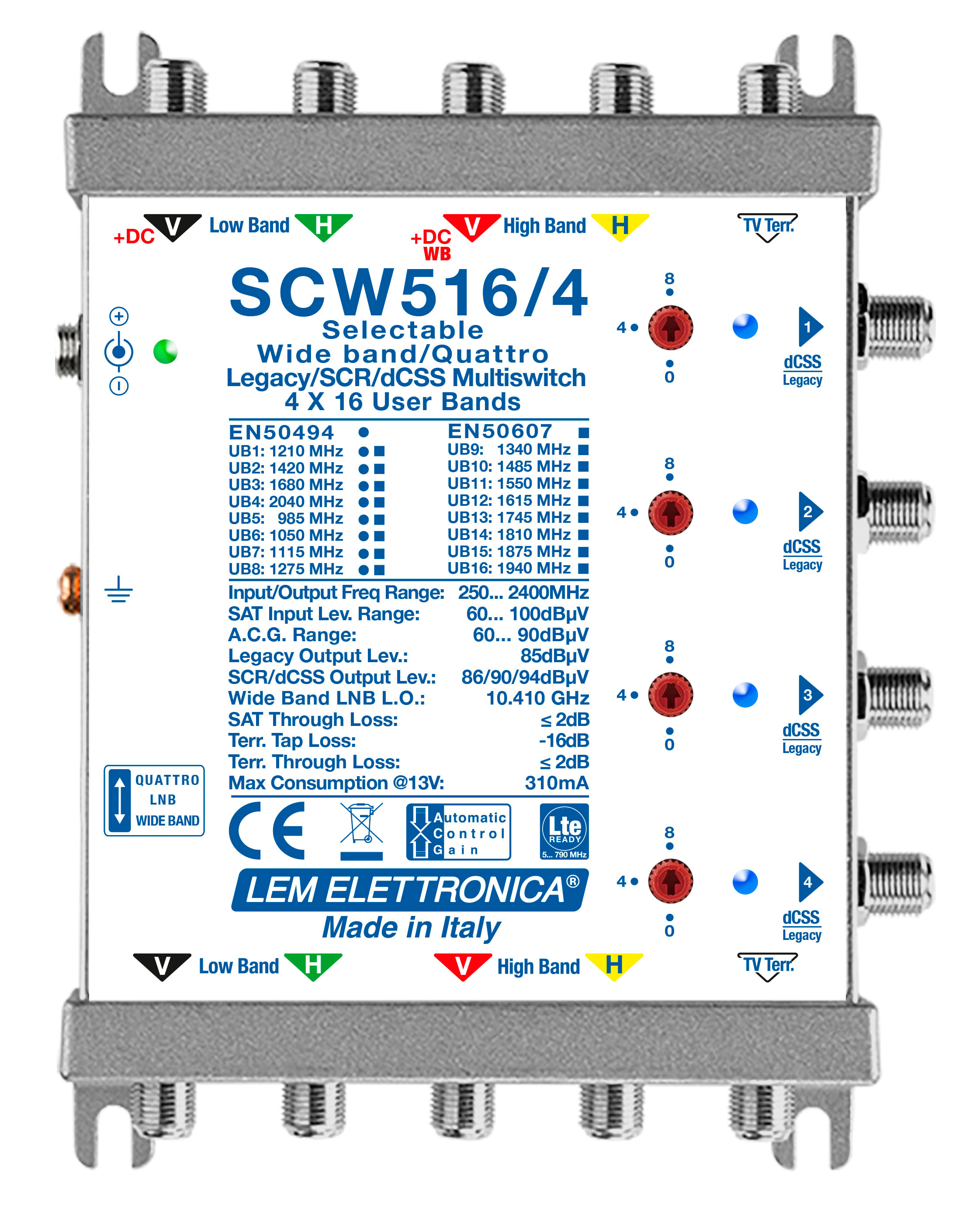 LEM ELETTRONICA - Multiswitch dCSS/Legacy SCW516/4 con 5 ingressi passanti e 4 uscite derivate, Satellite amplificato regolabile, per applicazioni SKY, FM, DAB, UHF, SAT. SCW516/4