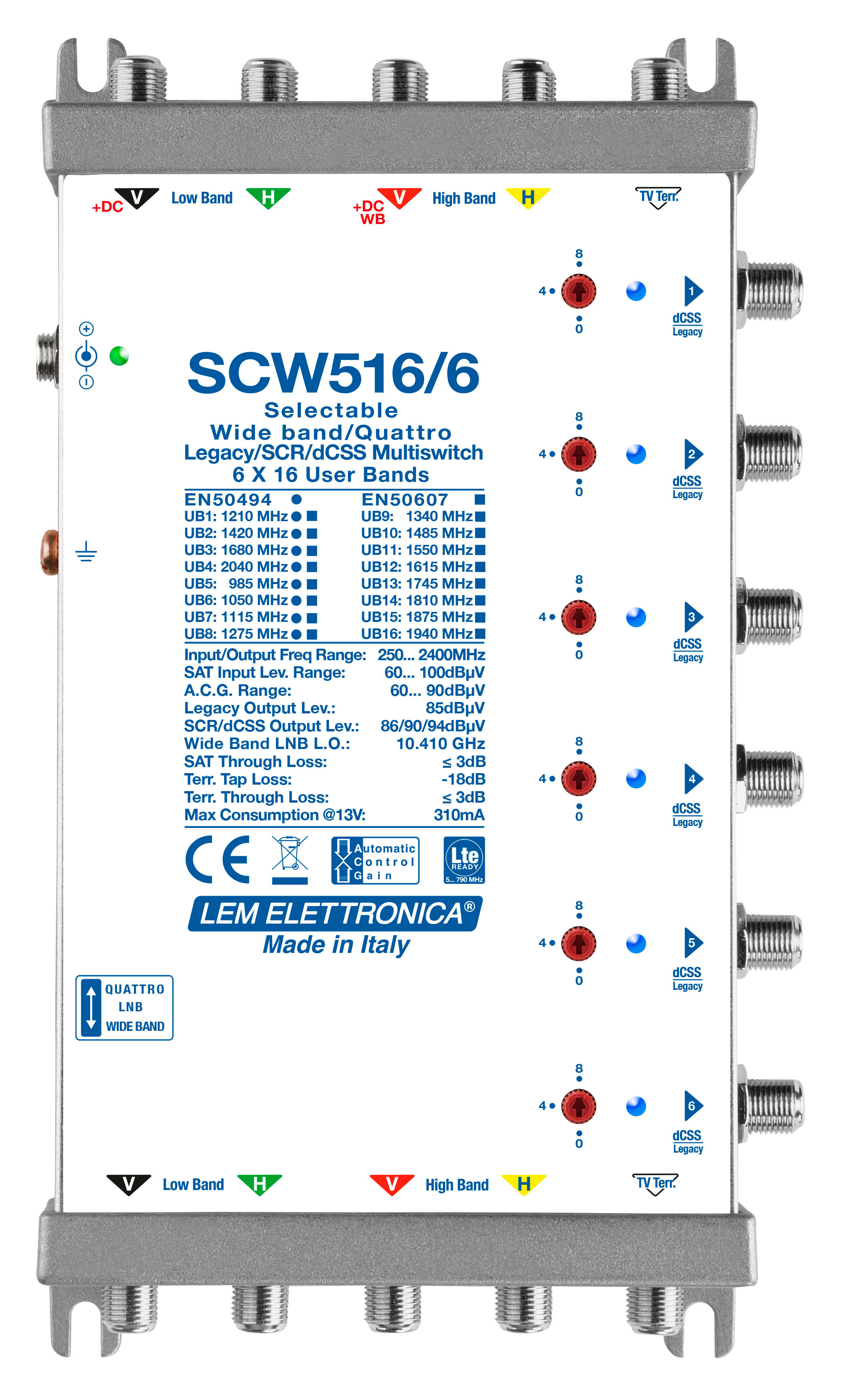 LEM ELETTRONICA - Multiswitch dCSS/Legacy SCW516/6 con 5 ingressi passanti e 6 uscite derivate, Satellite amplificato regolabile, per applicazioni SKY, FM, DAB, UHF, SAT.