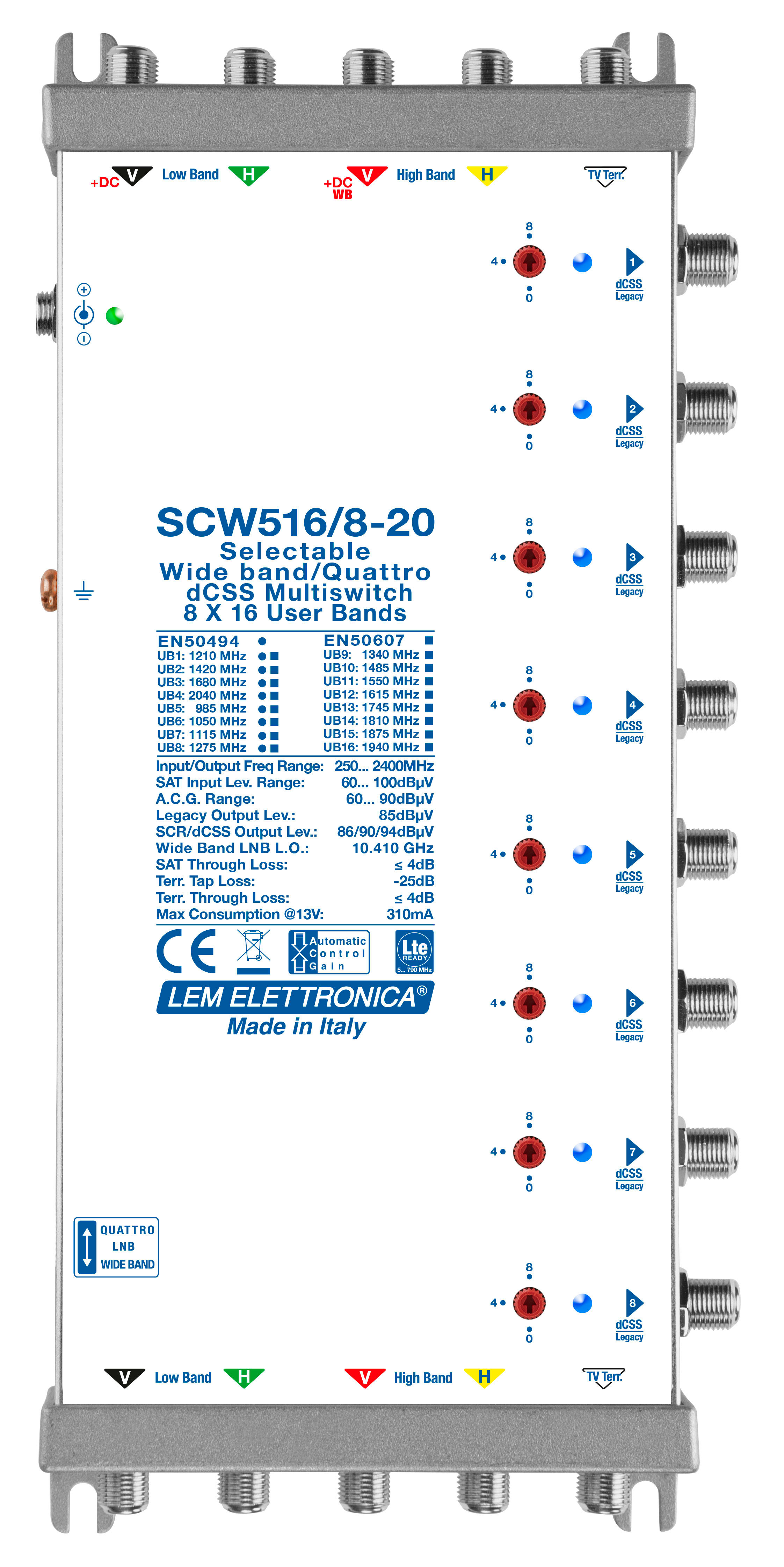 LEM ELETTRONICA - Multiswitch dCSS/Legacy SCW516/8-20 con 5 ingressi passanti e 8 uscite derivate, Satellite amplificato regolabile, attenuazione di -20dB sul Terrestre, per applicazioni SKY, FM, DAB, UHF, SAT.