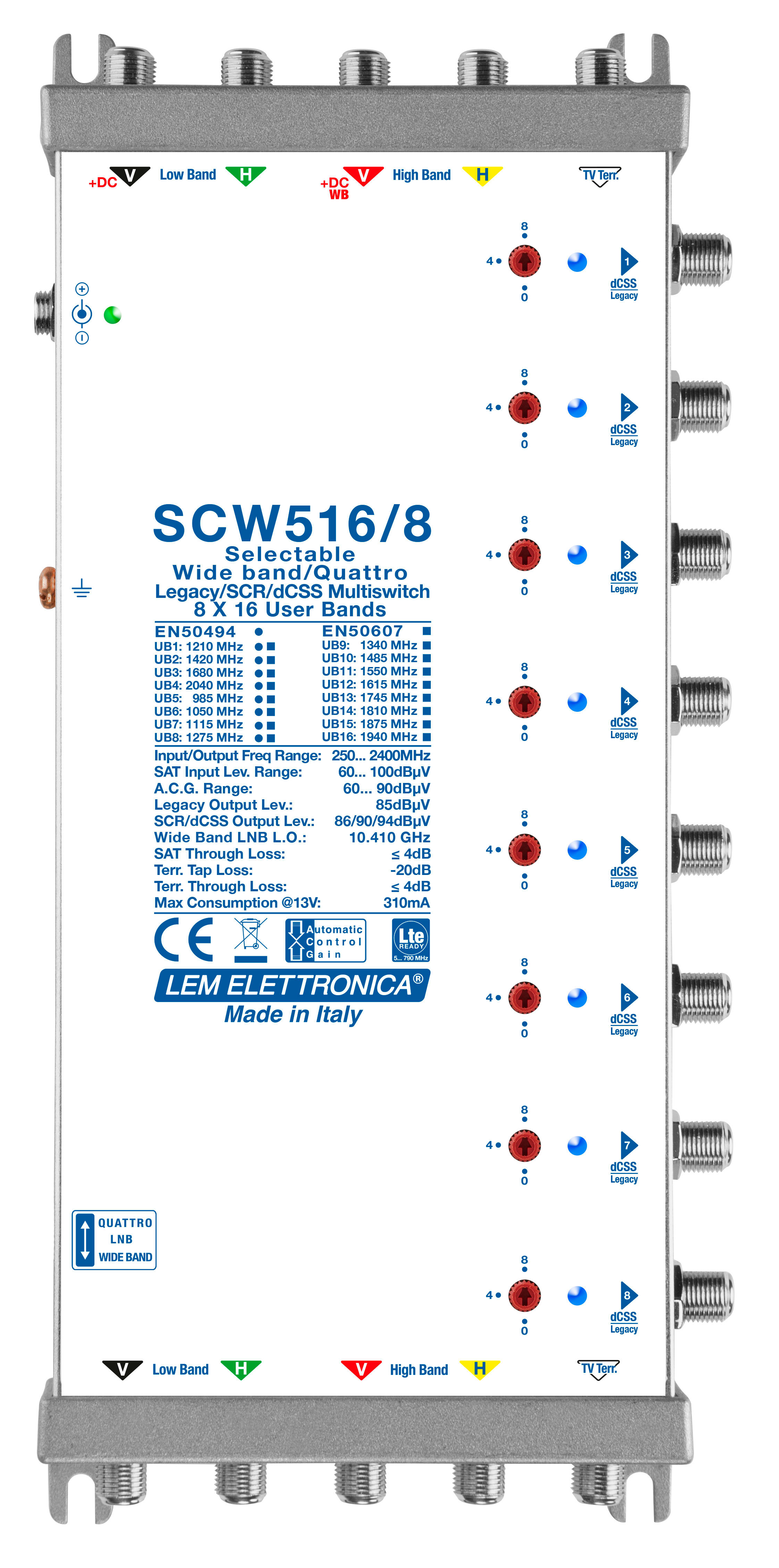 LEM ELETTRONICA - Multiswitch dCSS/Legacy SCW516/8 con 5 ingressi passanti e 8 uscite derivate, Satellite amplificato regolabile, per applicazioni SKY, FM, DAB, UHF, SAT.