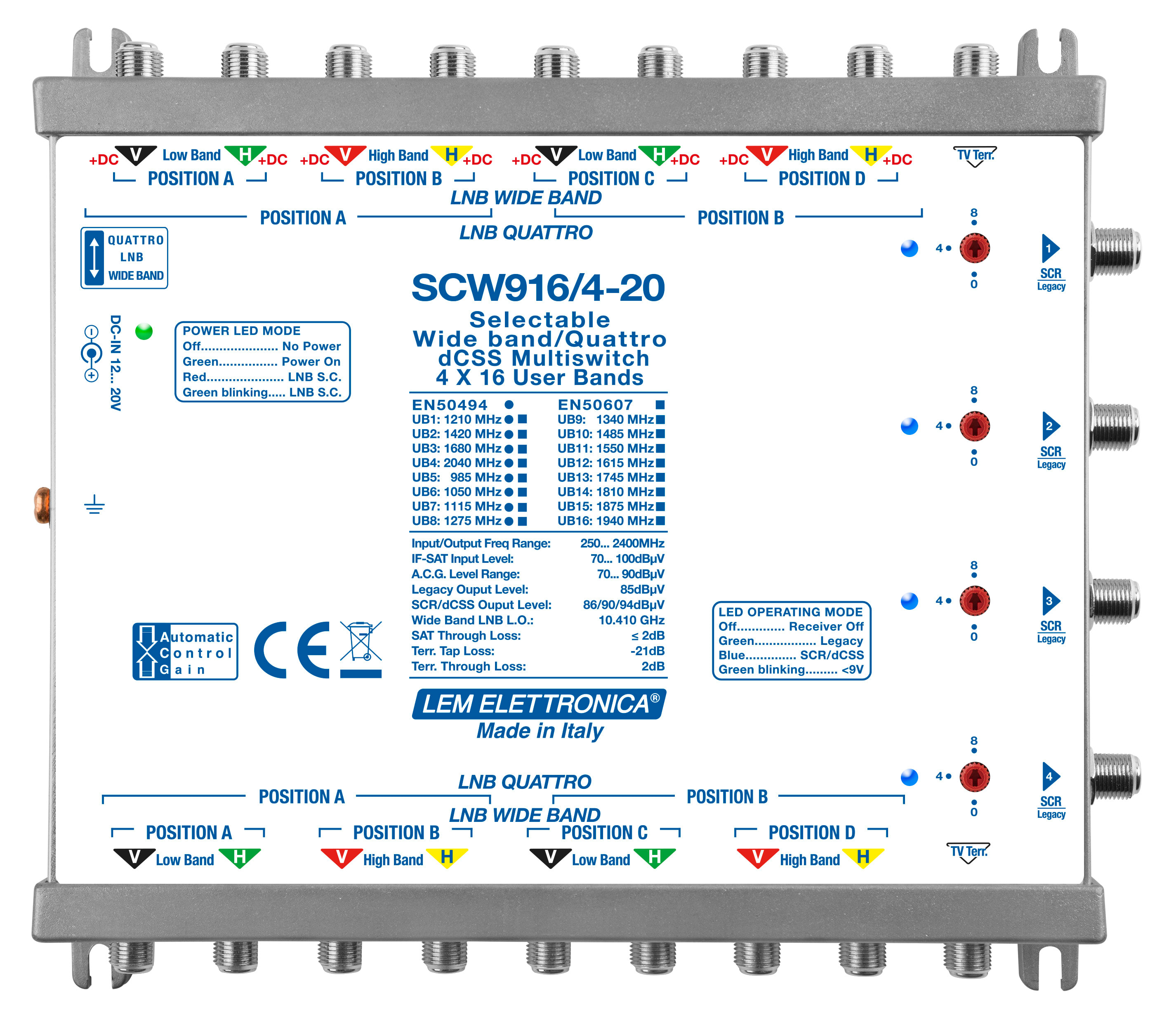 LEM ELETTRONICA - Multiswitch dCSS/Legacy SCW916/4-20 con 9 ingressi passanti e 4 uscite derivate, Satellite amplificato regolabile, attenuazione di -20dB sul Terrestre, per applicazioni SKY, FM, DAB, UHF, SAT.