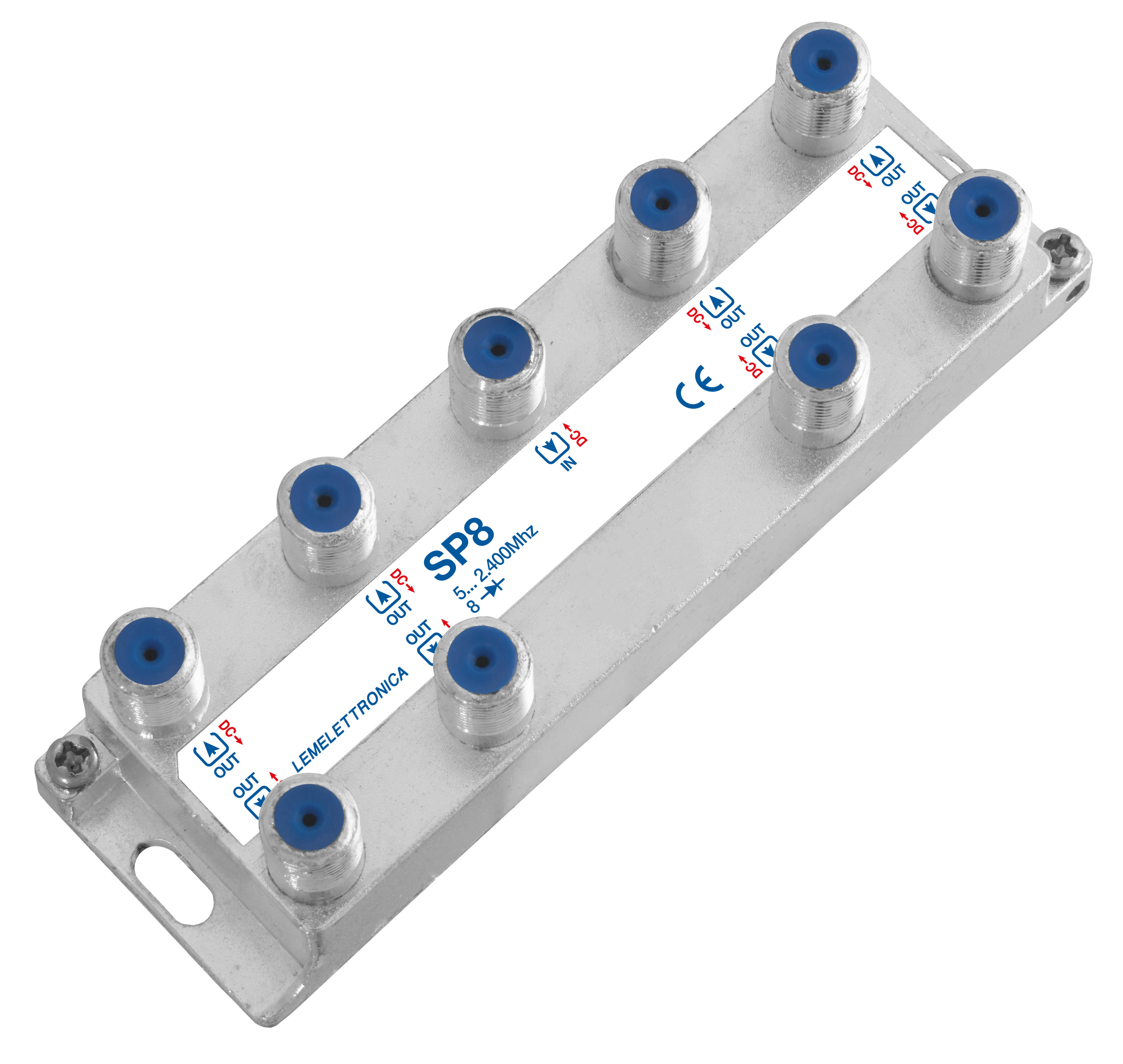 LEM ELETTRONICA - Partitore verticale SP8 a 8 vie, connettori F, banda passante 5…2.400Mhz, perdita di passaggio Max. 18,5dB.