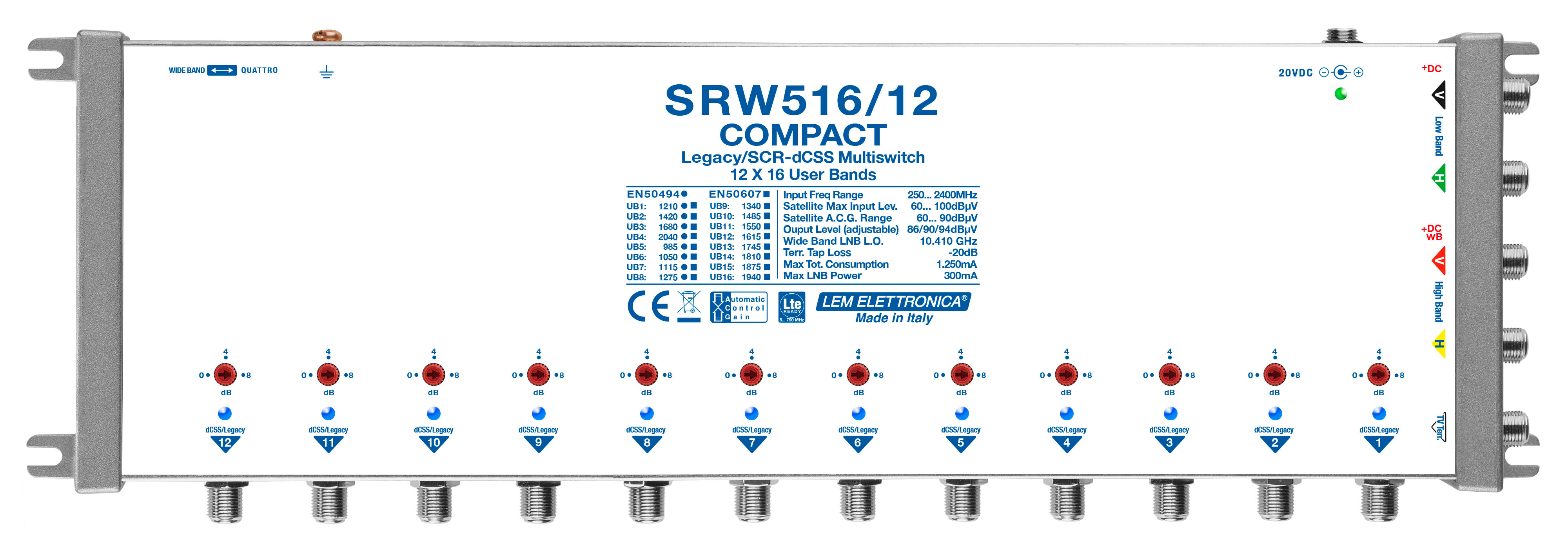 LEM ELETTRONICA - Multiswitch dCSS/Legacy radiale SRW516/12 con 5 ingressi e 12 uscite derivate, Satellite amplificato regolabile, per applicazioni SKY, FM, DAB, UHF, SAT.