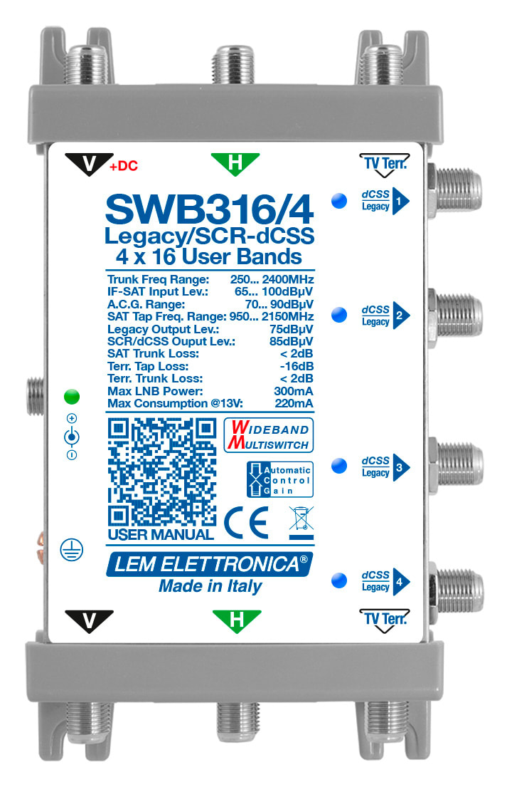 LEM ELETTRONICA - Multiswitch dCSS/Legacy SWB316/4 con 3 ingressi passanti e 4 uscite derivate, per applicazioni SKY, FM, DAB, UHF, SAT. SWB316/4