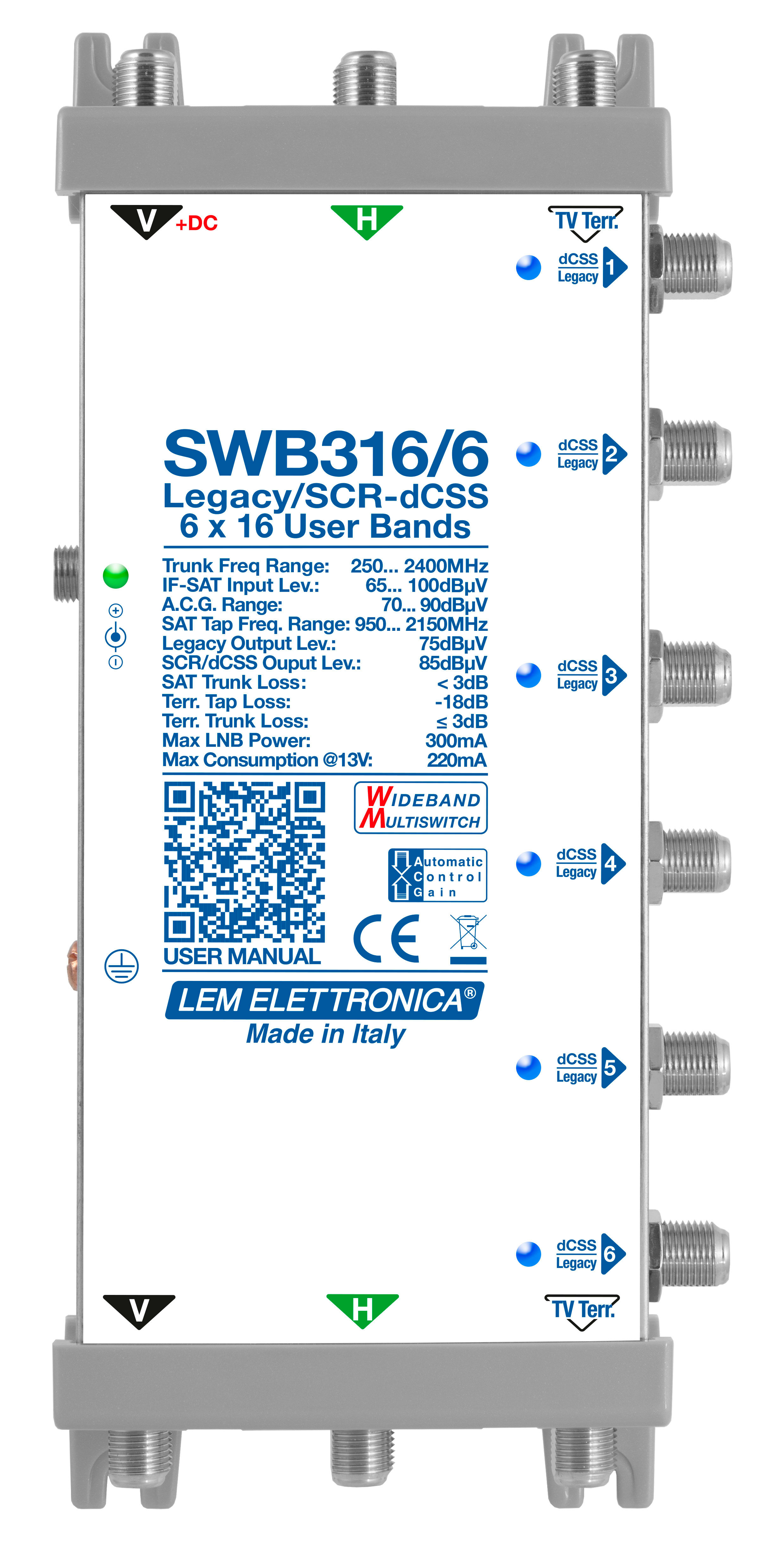 LEM ELETTRONICA - Multiswitch dCSS/Legacy SWB316/6 con 3 ingressi passanti e 6 uscite derivate, per applicazioni SKY, FM, DAB, UHF, SAT.